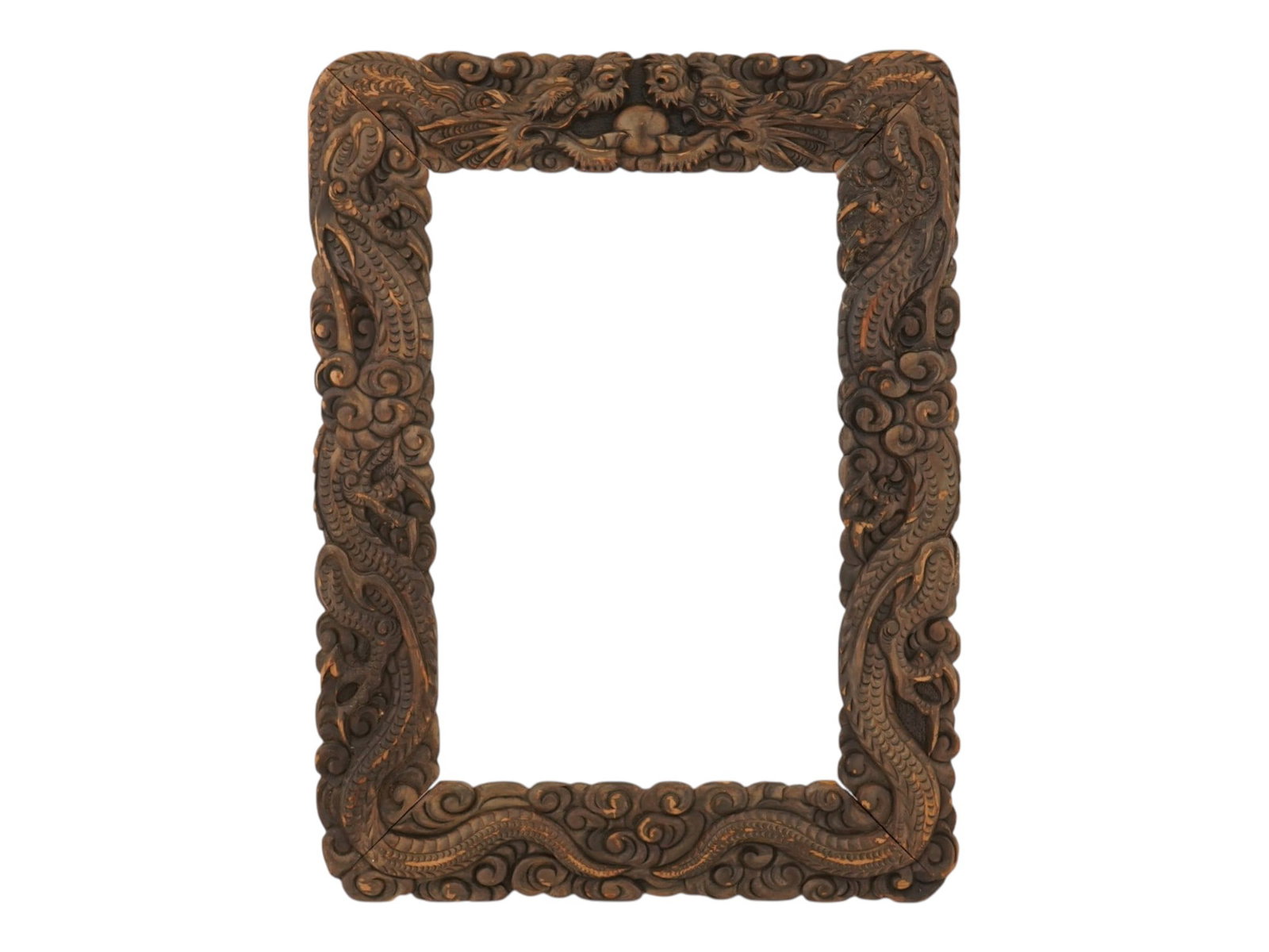 CHINESE CARVED WOOD DRAGONS W PEARL PICTURE FRAME: A vintage Chinese carved wood picture frame. The rectangular frame features a detailed carving of two dragons in clouds, linked by a pearl at the top center. Wall Art Decor and Painting Frames for Int