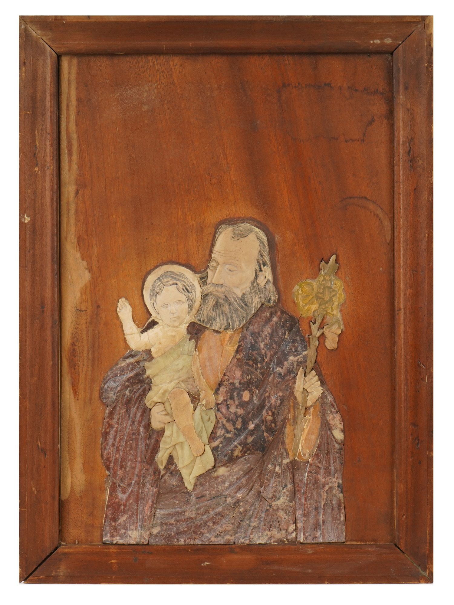 VTG PIETRA DURA STONE COLLAGE SAINT JOSEPH INFANT JESUS: A vintage pietra dura stone collage on wood depicting Saint Joseph holding the Infant Jesus. Executed in colored hardstone inlay, the composition presents Saint Joseph as a gentle paternal figure carr
