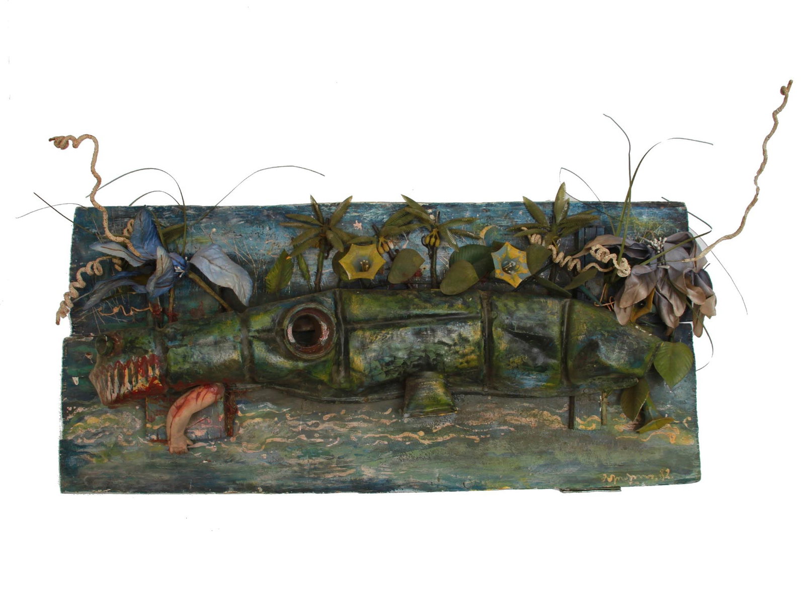 GEORGIAN MIXED MEDIA SCULPTURE BY L MAGALASHVILI: Levan Magalashvili (Russian, Georgian, born 1940) mixed media (wood, metal, plastic) sculpture on board, Exotic Aggression, 1982. Signed and dated lower right. The paper label showing detailed informa
