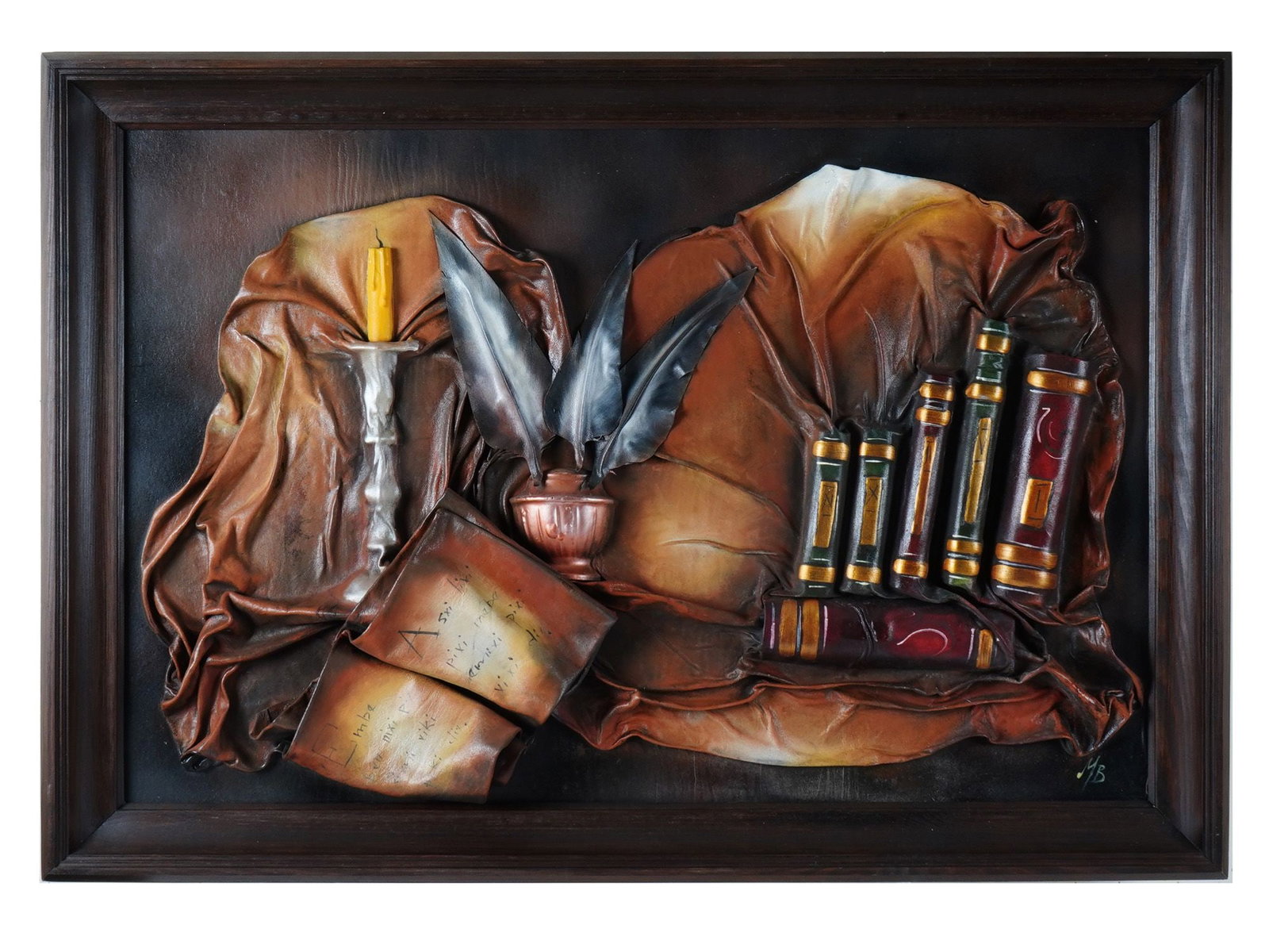 LARGE VINTAGE MIXED MEDIA LEATHER AND PAINT ARTWORK: A large vintage mixed media leather and paint on board artwork. Circa late 20th century. The artwork depicts a still life with a composition including a candle, books, feathers. Framed. Vintage Leathe