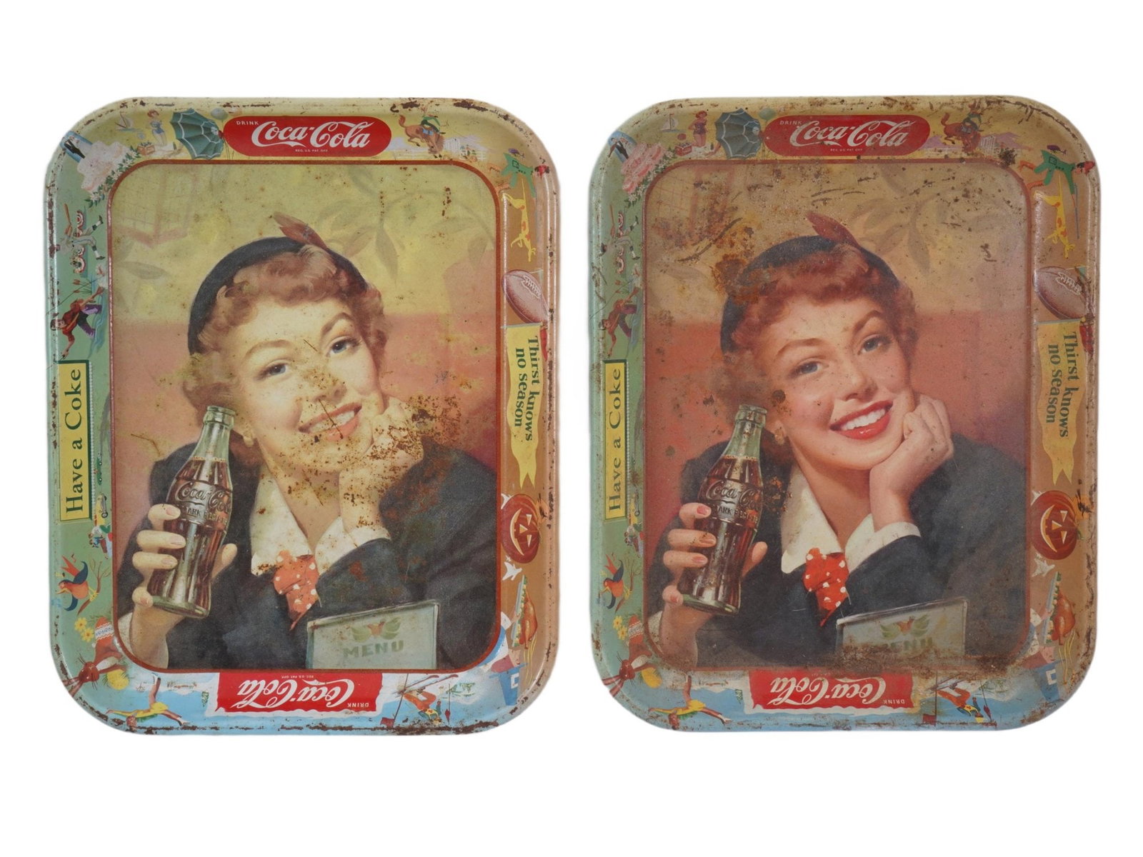 PAIR OF VINTAGE PORTRAIT METAL COCA COLA TRAYS: A pair of vintage metal Coca Cola trays, circa 1950. The trays feature a portrait of a girl sometimes called a Menu Girl holding a bottle of Coca Cola, with the slogan, Thirst Knows No Season, around 