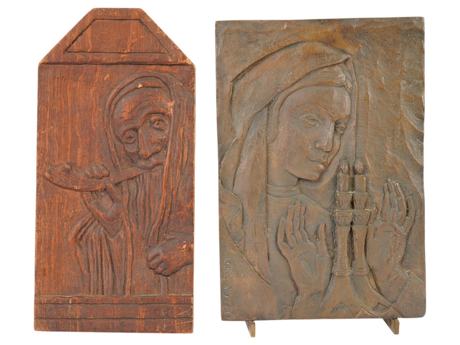 SABBATH BLESSING BY JACOB EPSTEIN AND WOODEN PLAQUE: Two religious plaques, including a cast bronze bas-relief titled Sabbath Blessing by Jacob Epstein, depicting a figure with candles in a devotional scene. The second piece is a carved wooden plaque sh
