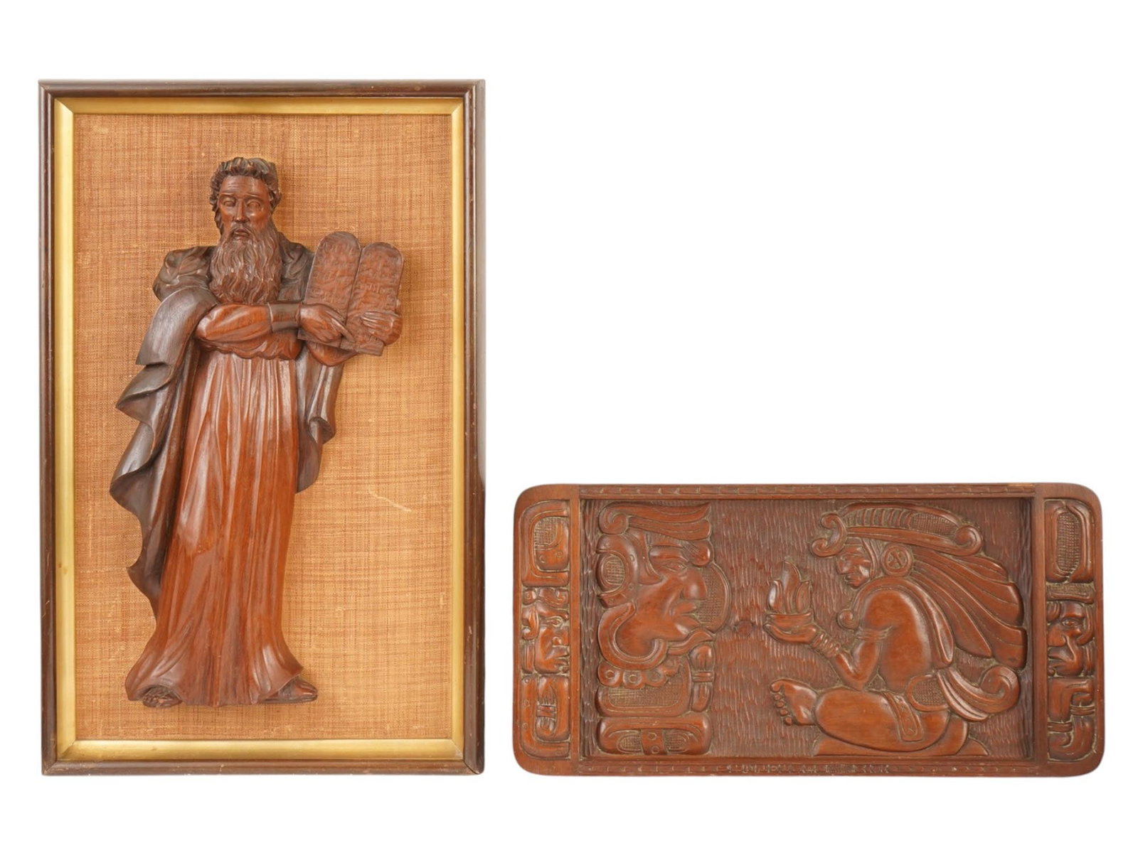 VINTAGE HIGH RELIEF WOODEN MOSES AND MESOAMERICAN TRAY: A lot of two vintage carved religious items. One is a plaque presenting a high-relief depiction of Moses holding the Tablets of the Law. Framed. The second item is a horizontal carved wooden tray feat