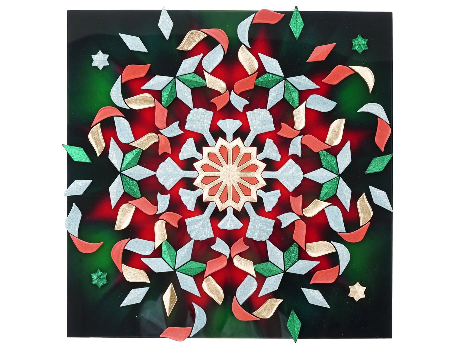 MODERN CHRISTMAS ROLEX STORE DISPLAY W SNOWFLAKES: A modern Christmas Rolex store display. The display depicts stylized multi colored snowflakes. The item has fasteners for installation on the reverse side. Marked Property of Rolex. Modern and Vintage