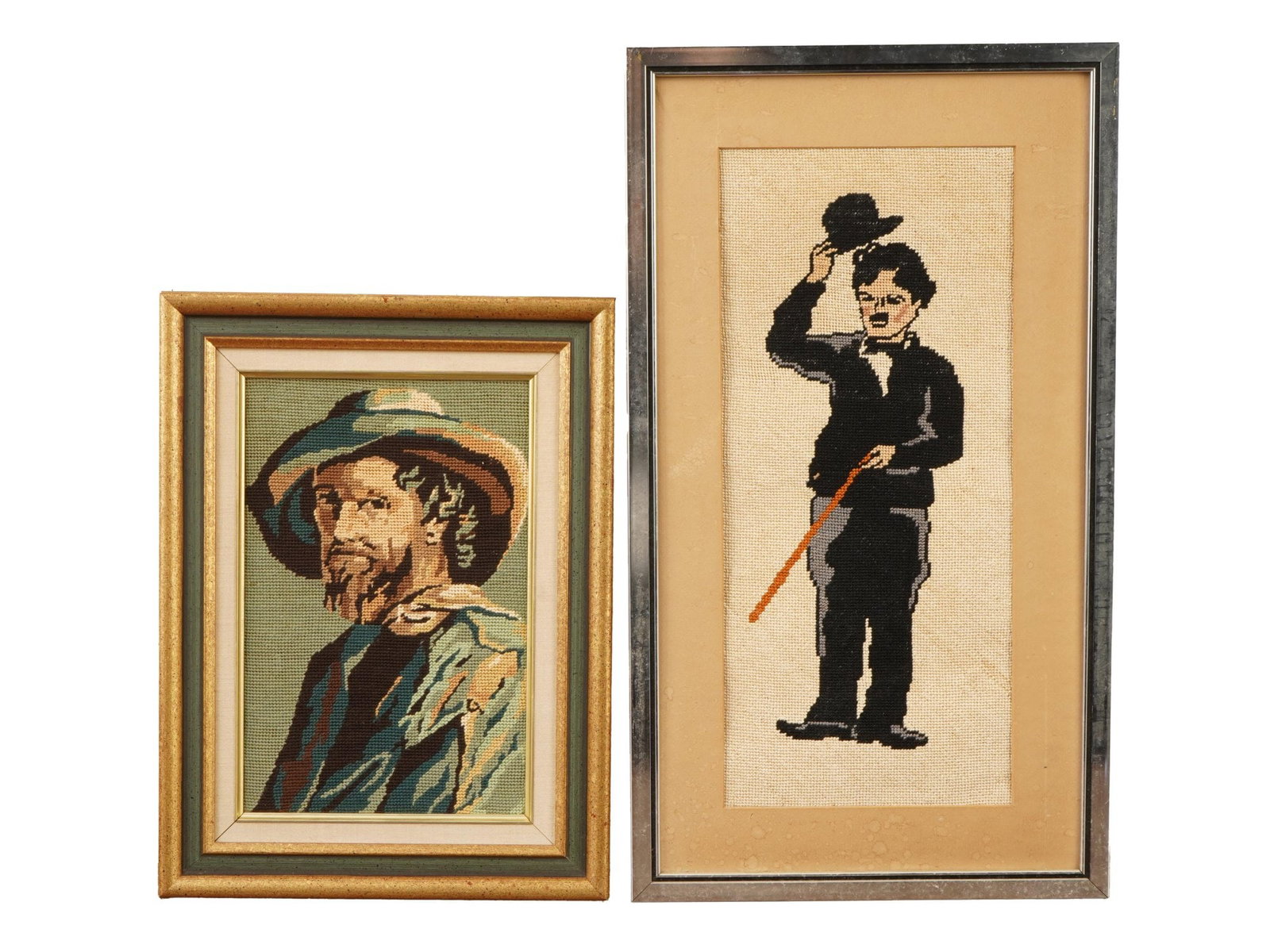 VINTAGE EMBROIDERY WORKS CHARLIE CHAPLIN BEARDED MAN: Two vintage embroidery works. One depicts Charlie Chaplin in his iconic“Little Tramp persona, complete with bowler hat and cane. The second portrays a bearded man wearing a wide-brimmed hat, likely 