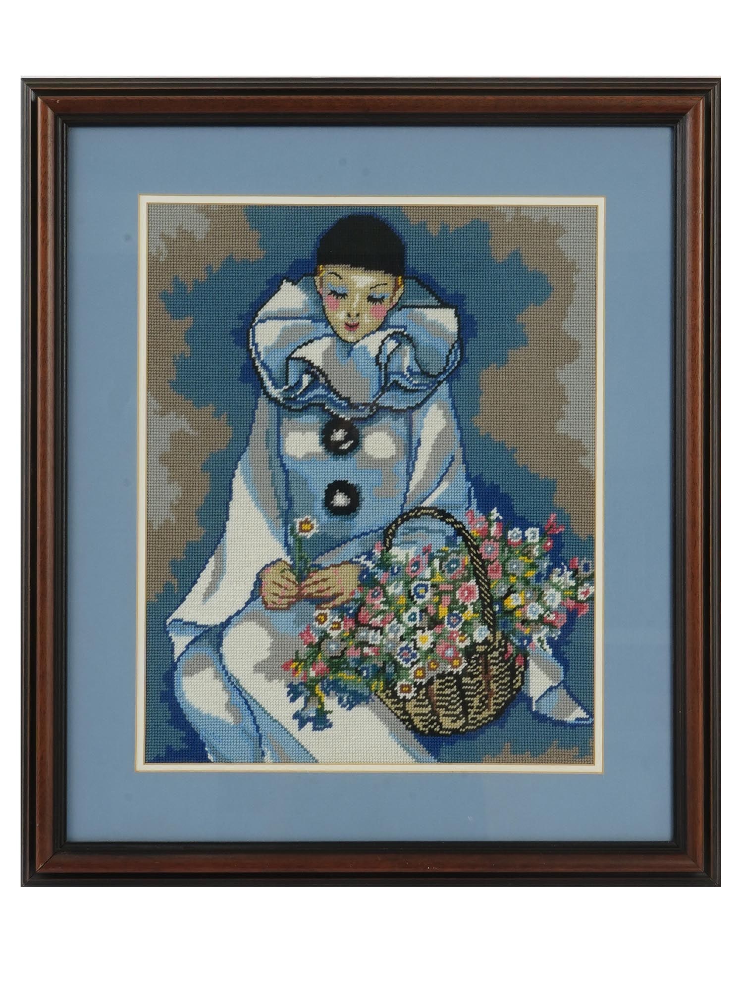 VINTAGE HAND MADE EMBROIDERY CLOWN WITH FLOWERS FRAMED: A vintage hand-made embroidery depicting a charming scene of a clown surrounded by flowers. Created with intricate stitching and attention to detail, the embroidery captures the whimsical essence of t