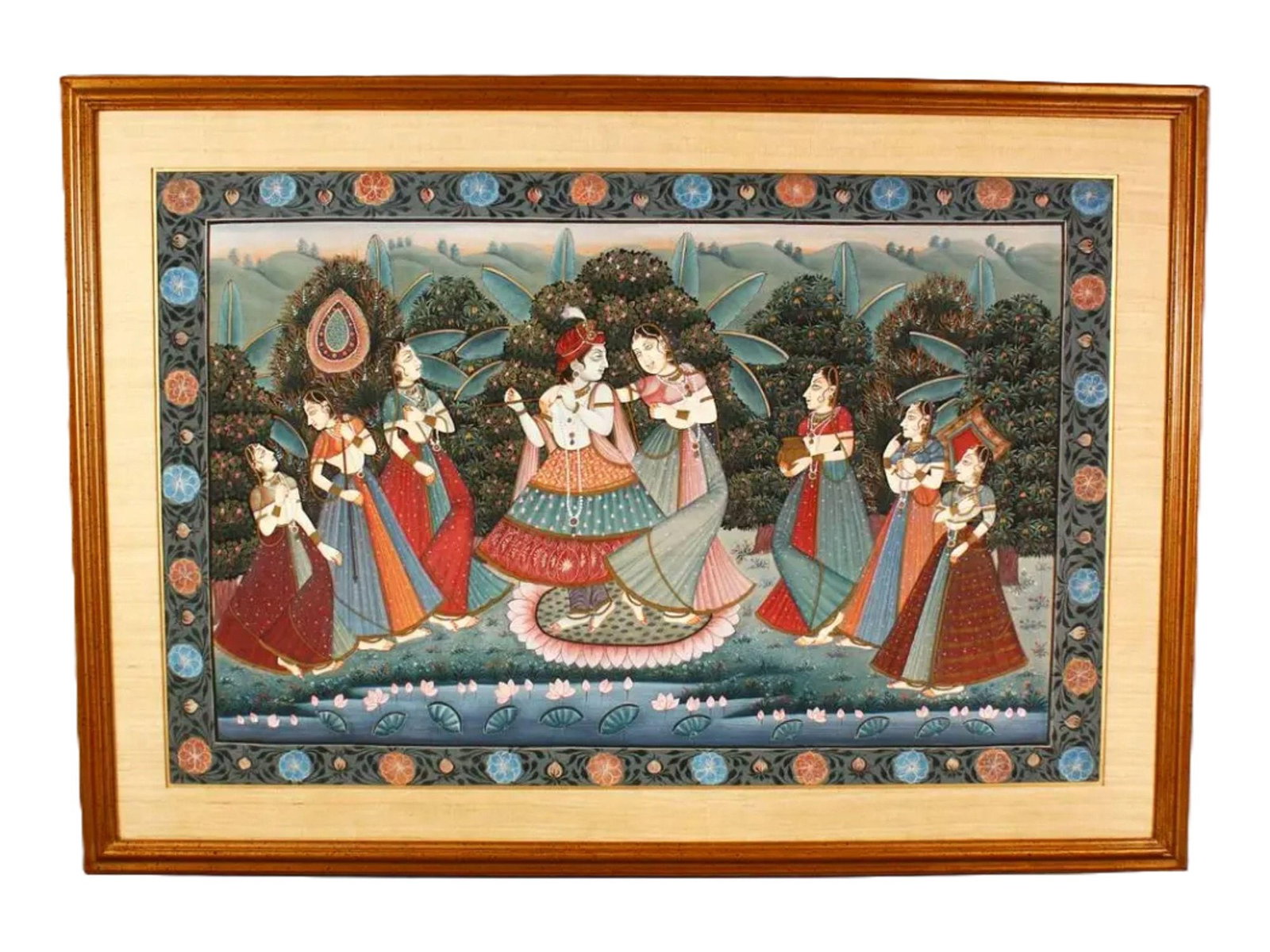LARGE NATHDWARA PICHWAI RADHA KRISHNA GOUACHE ON SILK: A large Indian Pichwai-style devotional painting depicting Krishna performing the Raas Leela with Radha and the gopis in a lush garden setting. Krishna stands at the centre playing the flute, surround