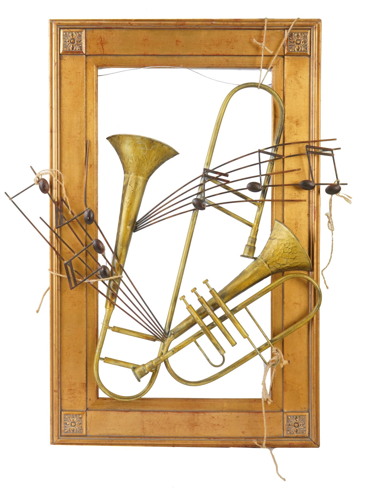 MODERNIST PARIS SCHOOL MUSICAL INSTRUMENTS SCULPTURE: A Modernist Paris School manner metal sculptural artwork depicting a composition with wind musical instruments and notes. Presented with a wooden frame. Unsigned. Modernist and Contemporary Sculptures