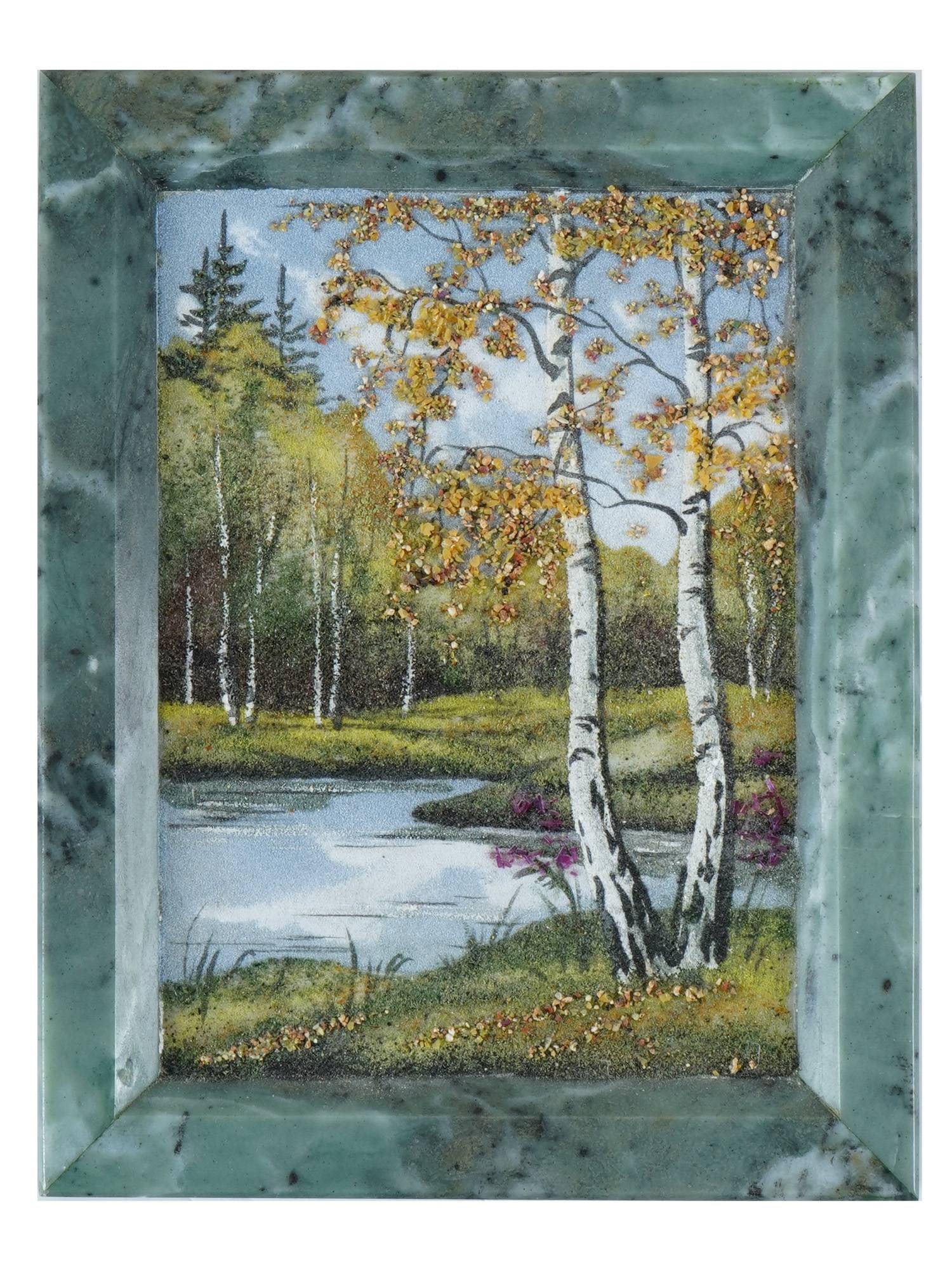 VINTAGE RUSSIAN WALL PANEL F MIX OF VARIOUS STONES: A vintage Russian wall panel made from a mix of various stones. Circa mid to late 20th century. The wall panel depicts an early autumn Russian forest landscape with birches. The stones used in the wor