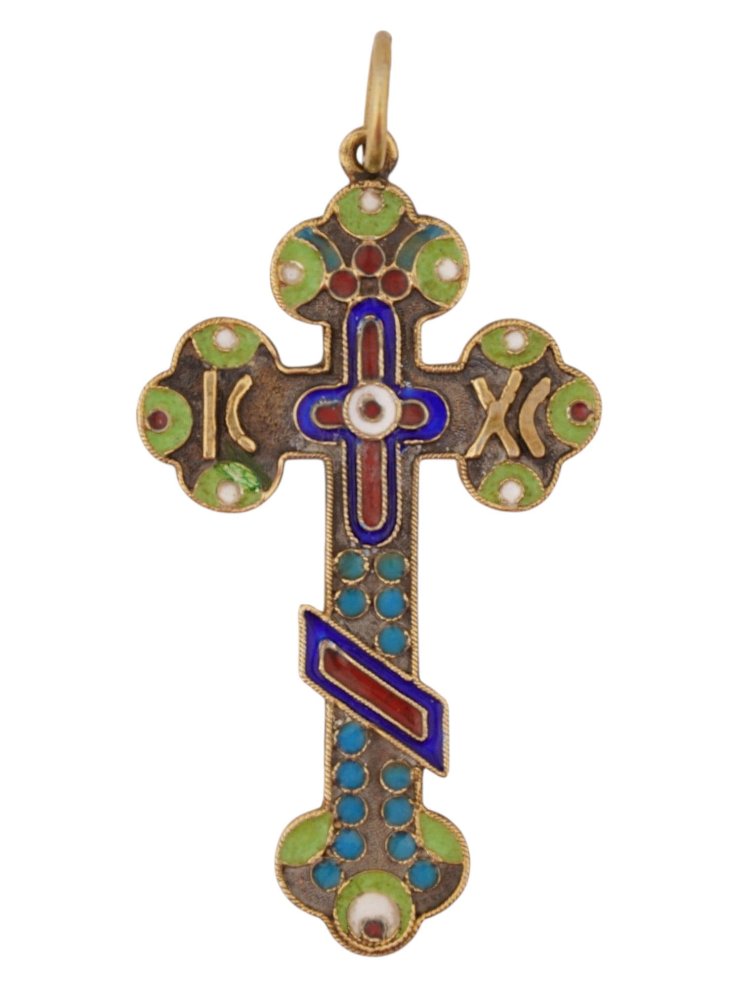 RUSSIAN ORTHODOX GILT SILVER ENAMEL CROSS PENDANT: A Russian Orthodox gilt silver cross pendant decorated with polychrome cloisonne enamel. The front is adorned with traditional enamel ornamentation and the inscription representing Jesus Christ. Hallm