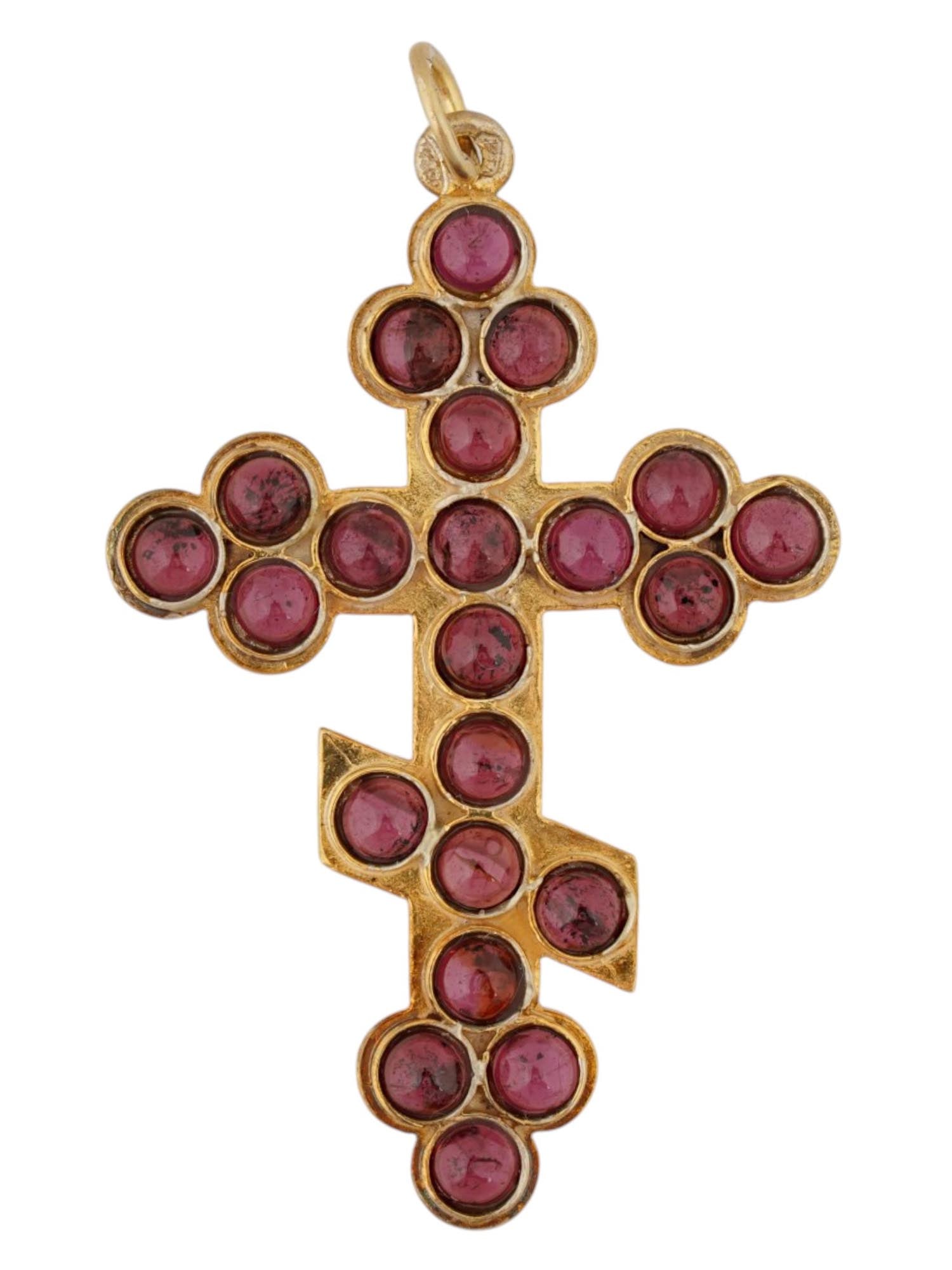 RUSSIAN GILT SILVER GARNETS CROSS CRUCIFIX PENDANT: A Russian gilt silver Orthodox cross crucifix pendant set with 22 cabochon cut garnets throughout the front side. Hallmarked on the fitting ring with an 88 Russian Imperial silver standard and other R
