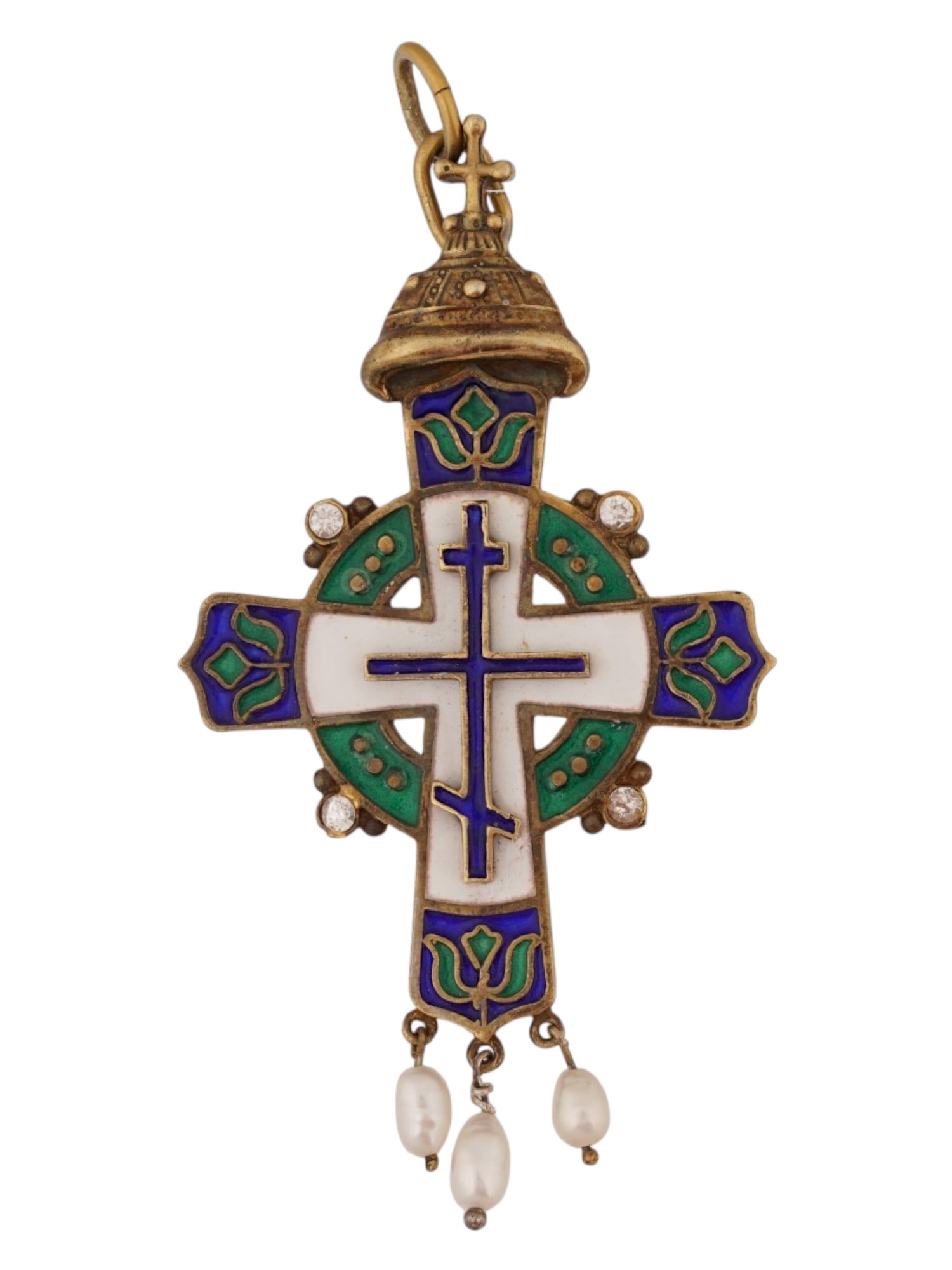 RUSSIAN GILT SILVER ORTHODOX CROSS PENDANT WITH PEARLS: A Russian gilt silver Orthodox cross pendant decorated with polychrome enamel in white, blue, and green tones. The cross is surmounted by a representation of Monomakhs Cap and accented with three susp