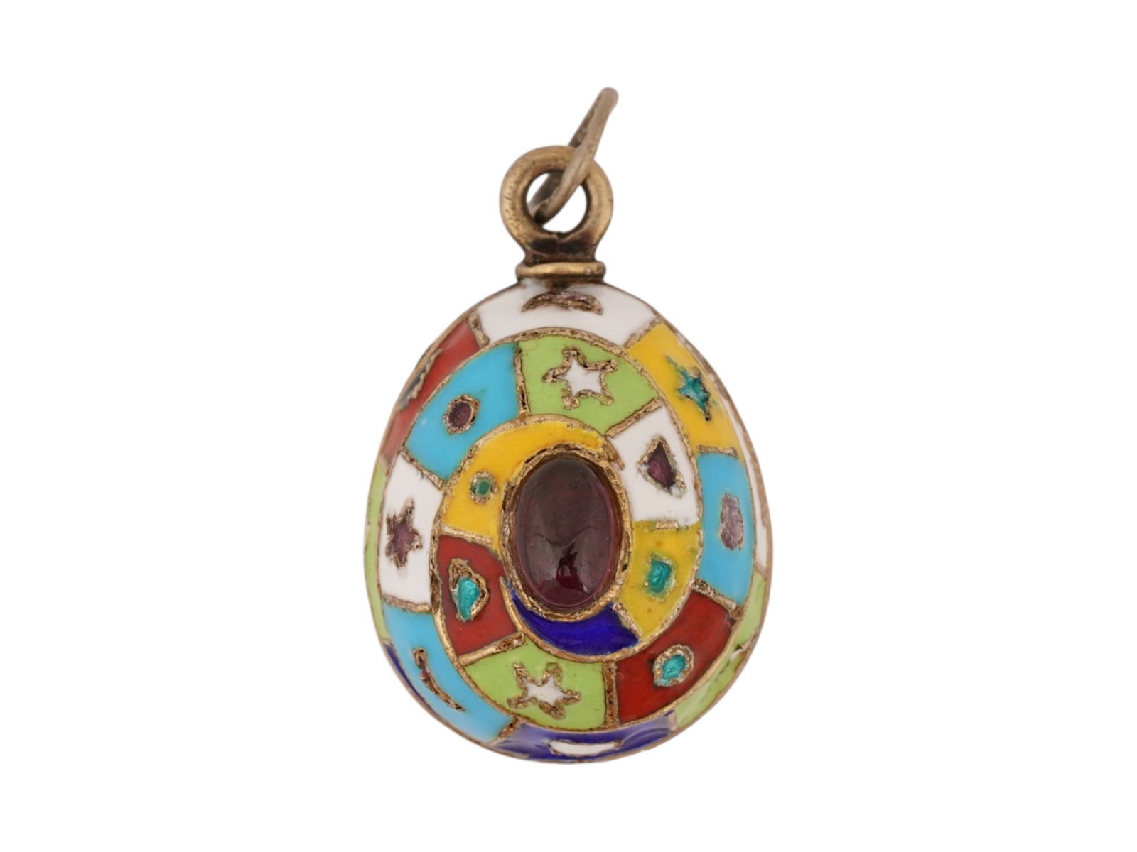 RUSSIAN SILVER ENAMEL EASTER EGG PENDANT W GEMSTONES: A Russian 88 Silver and enamel Easter egg pendant. The ware is covered with a polychrome enamel swirl design representing medallion with geometrical figures and stars made in the Cloisonne technique. 