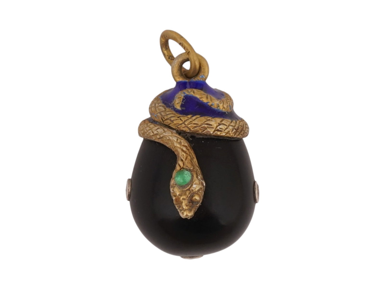 RUSSIAN CARVED SILVER ENAMEL EASTER EGG SNAKE PENDANT: A Russian carved hardstone Easter egg pendant adorned with a gilt silver snake motif. The design is enhanced with cobalt blue enamel, diamond accents, and an emerald detail. Hallmarked with the 84 Rus