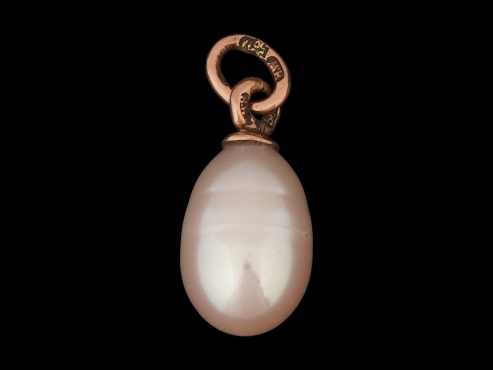 RUSSIAN 14K GOLD AND PEARL EASTER EGG PENDANT: A Russian Pearl Easter egg pendant featuring 14K pink Gold fittings. Hallmark of 56 gold standard and a makers mark, on the fitting ring. Russian Gold Jewelry Wares and Accessories For Collectors. Tot