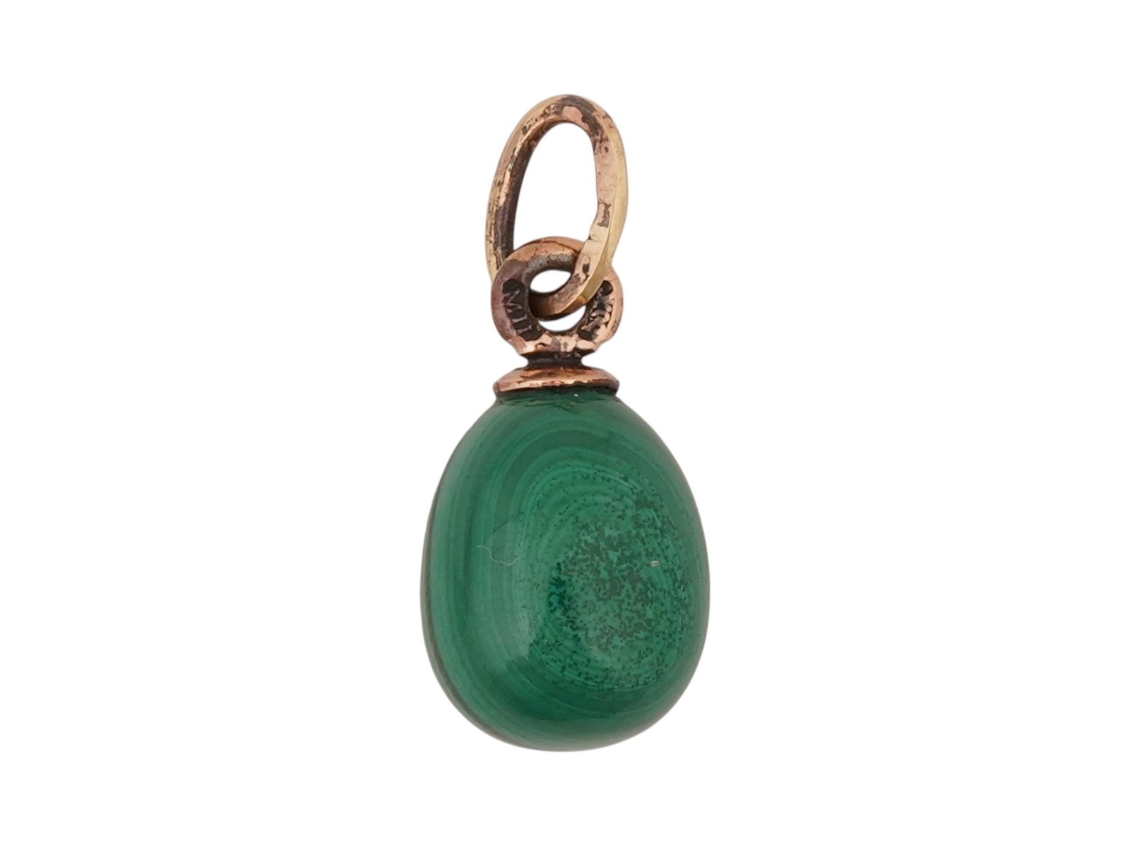 RUSSIAN 14K GOLD CARVED MALACHITE EASTER EGG PENDANT: A Russian hand carved malachite Easter egg pendant. The ware features a 14K gold fittings, hallmarked with 56 Russian gold proof and a makers mark. Russian Carved Egg Pendants And Jewelry Collectibles