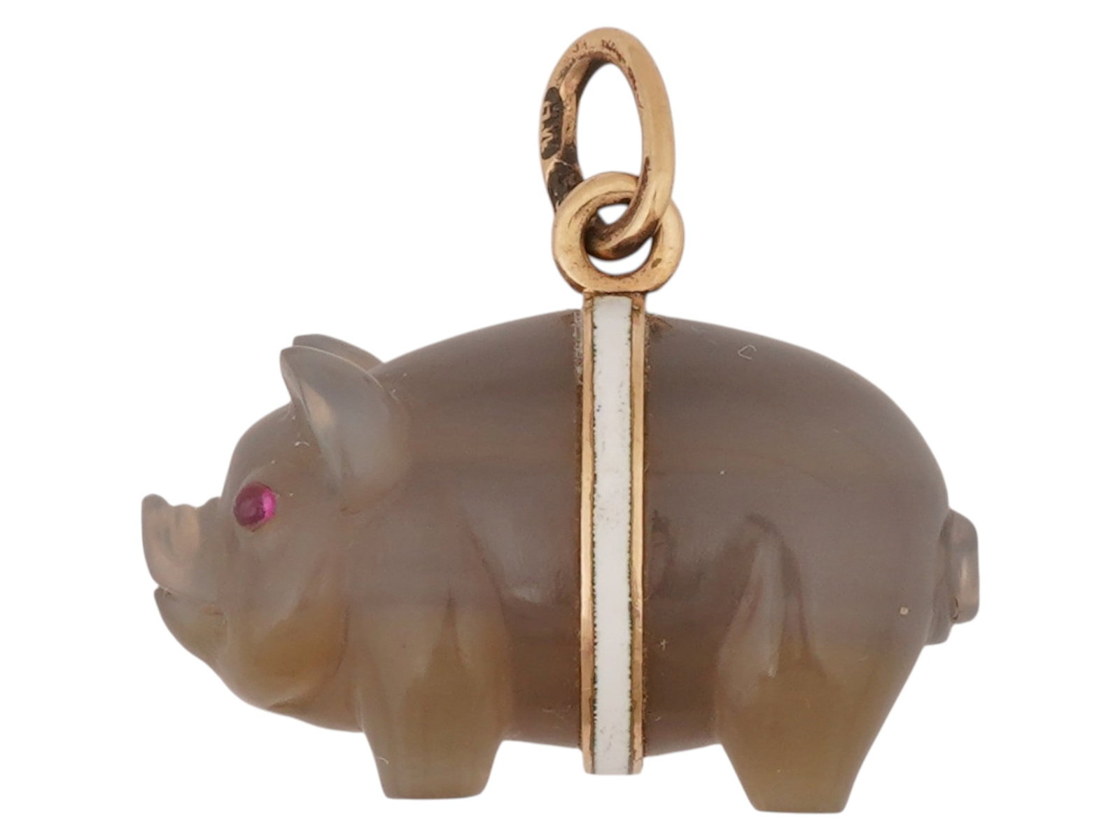 RUSSIAN 14K GOLD AGATE PIG EASTER EGG PENDANT RUBY EYES: A Russian Easter egg pendant hand carved of natural agate in the shape of a pig with a 14K gold band covered with white enamel and encircling its body. The eyes are set with cabochon cut Rubies. Hallm