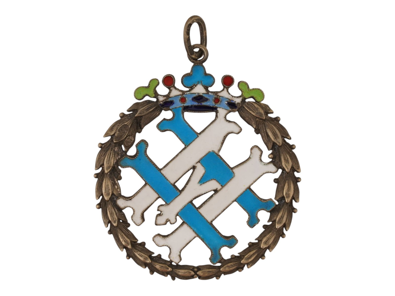 RUSSIAN 88 SILVER ENAMEL IMPERIAL MONOGRAM PENDANT: A Russian 88 gilt Silver and enamel pendant. The pendant is adorned with an Imperial monogram of Grand Duke Nikolai Mikhailovich, 1859 to 1919, featuring a relief laurel wreath to the edge, a crown on