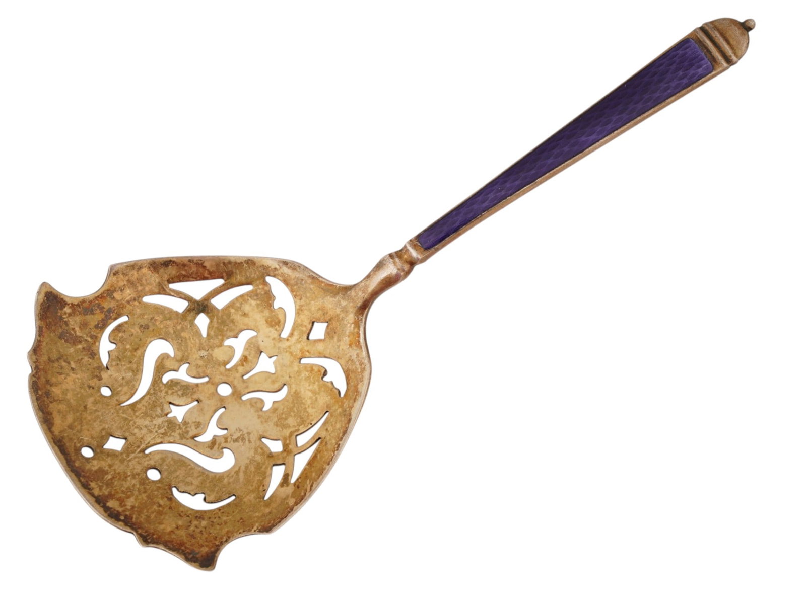 WATSON COMPANY STERLING SILVER ENAMEL BON BON SPOON: A Watson Company sterling silver bon-bon spoon. The piece features a purple guilloche enamel handle and a decorative pierced bowl with openwork detailing. Accented with a gilt-washed bowl. Hallmarked.