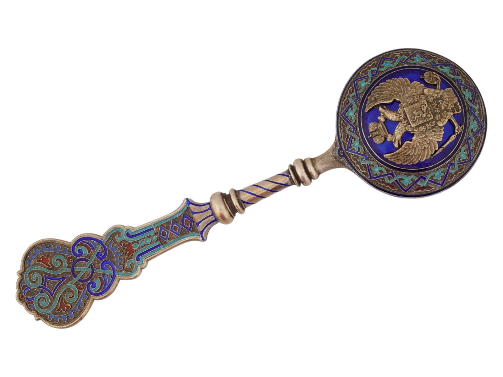 LARGE RUSSIAN SILVER ENAMEL IMPERIAL SERVING SPOON: An extra large Russian Imperial 88 gilt silver presentation serving spoon. The figurative handle and the backside of the bowl are garnished with cloisonne enamel ornaments in shades of blue and red. T
