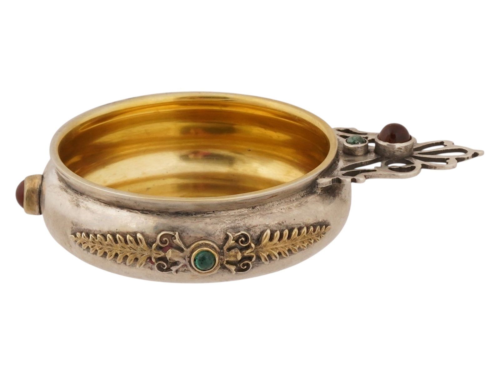 RUSSIAN SILVER DRINKING VESSEL KOVSH WITH GEMSTONES: A Russian silver drinking vessel, kovsh or charka form, featuring a gilt-washed interior and decorative gemstone accents. Hallmarked with the 84 Russian silver standard and makers marks. Russian Silve