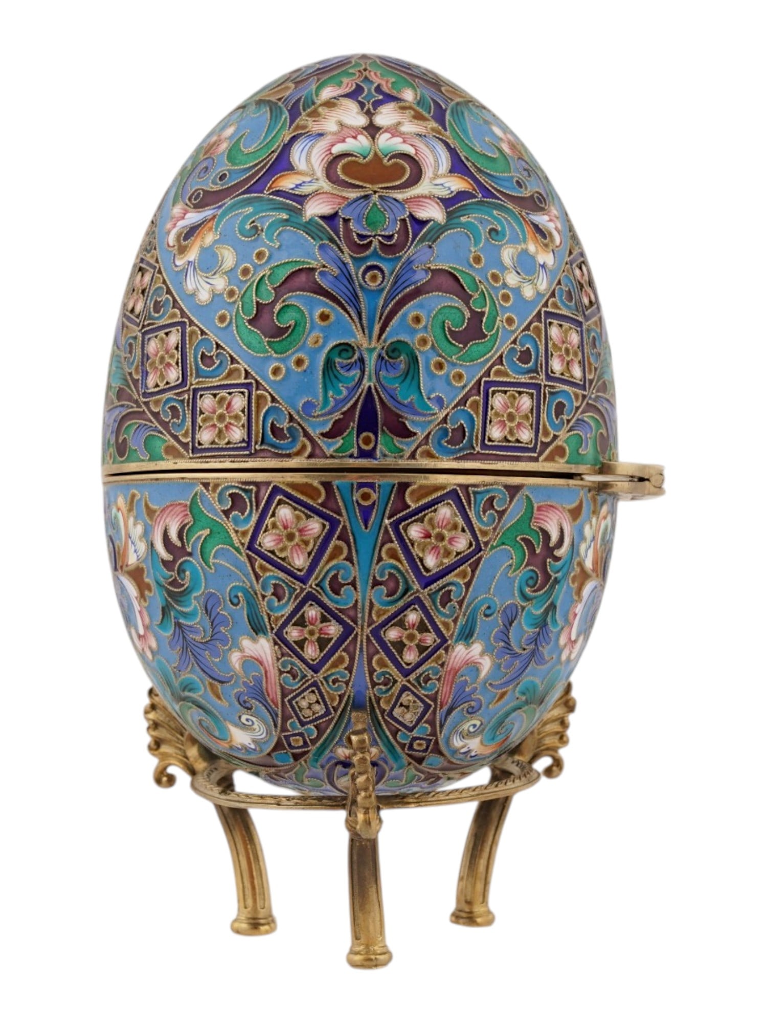 LARGE RUSSIAN SILVER ENAMEL EASTER EGG ON STAND - 2
