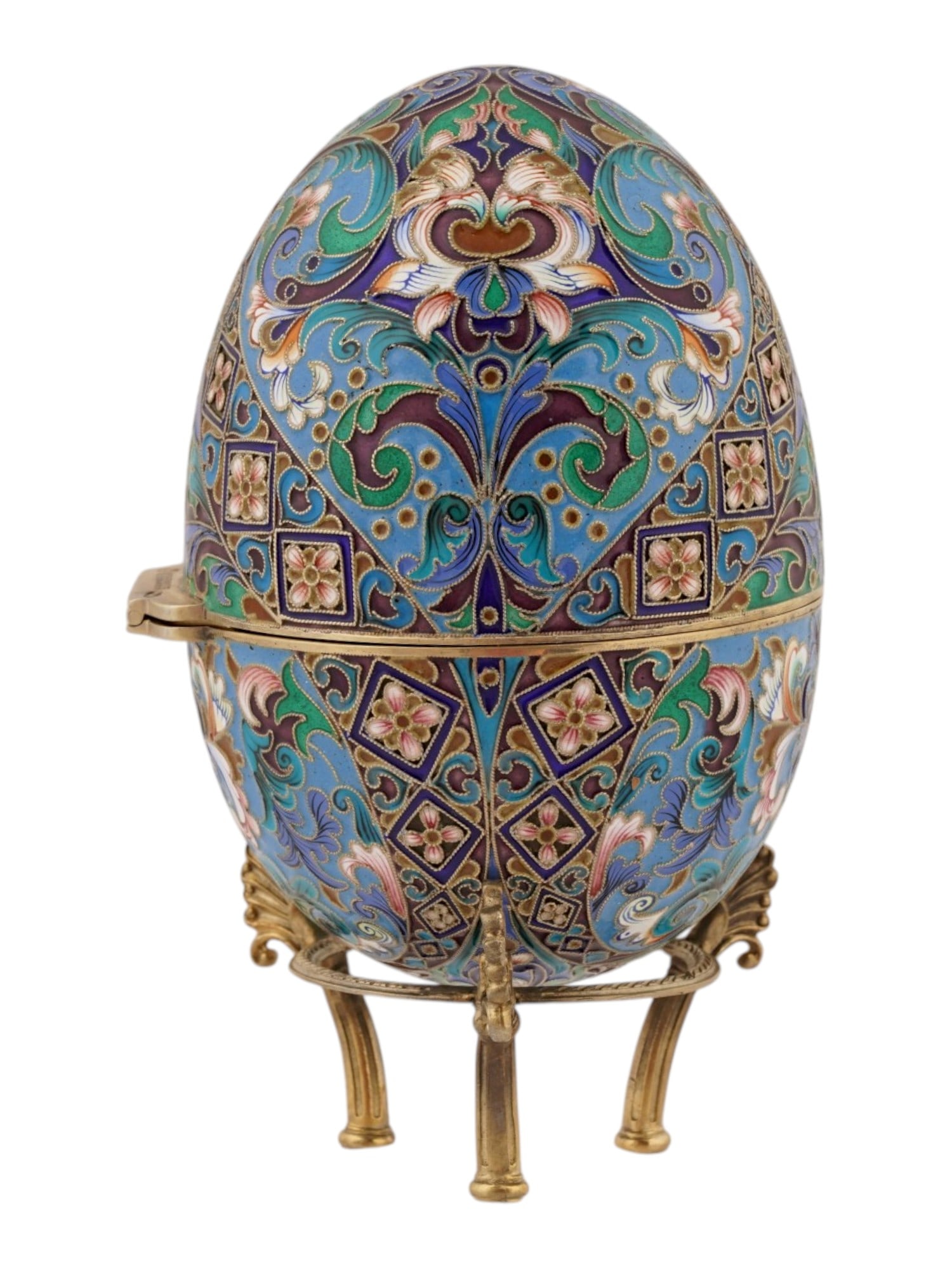 LARGE RUSSIAN SILVER ENAMEL EASTER EGG ON STAND - 3