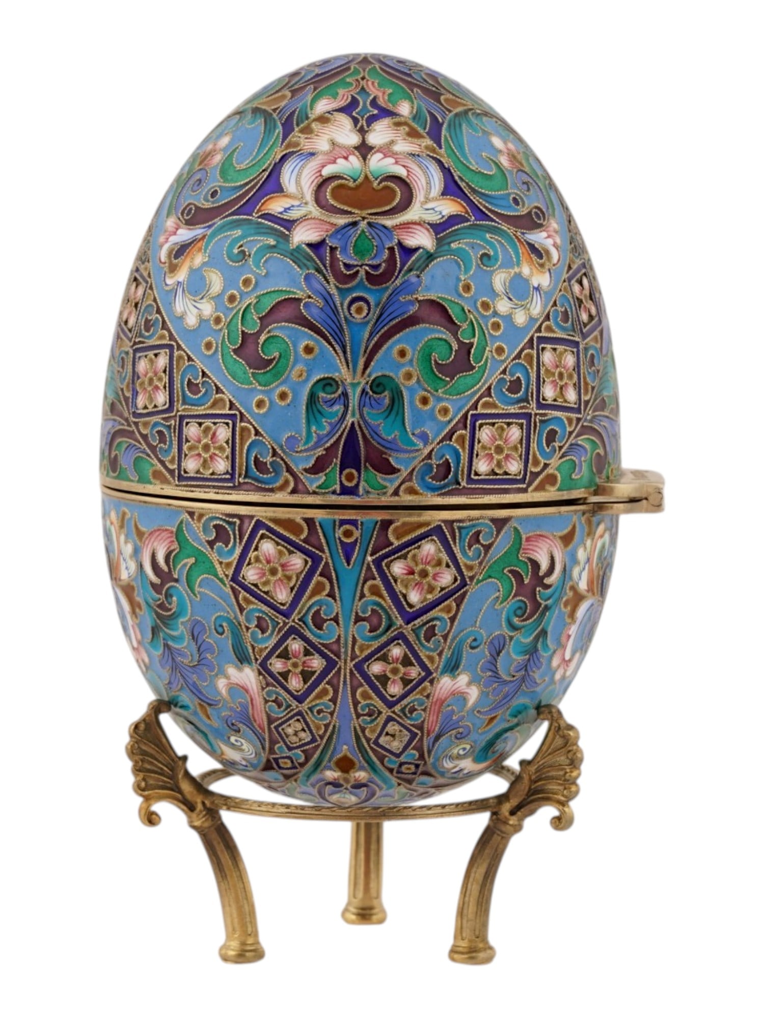 LARGE RUSSIAN SILVER ENAMEL EASTER EGG ON STAND - 4