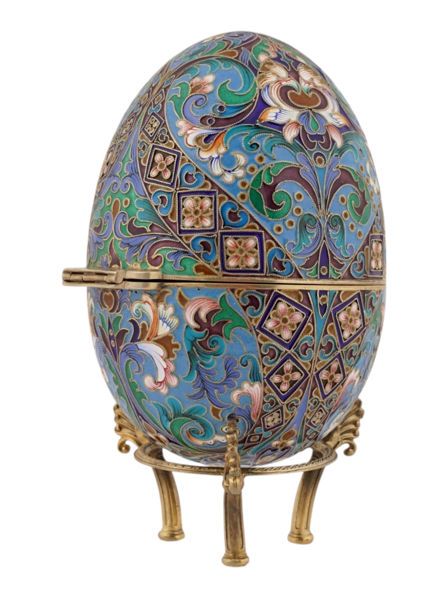 LARGE RUSSIAN SILVER ENAMEL EASTER EGG ON STAND - 5
