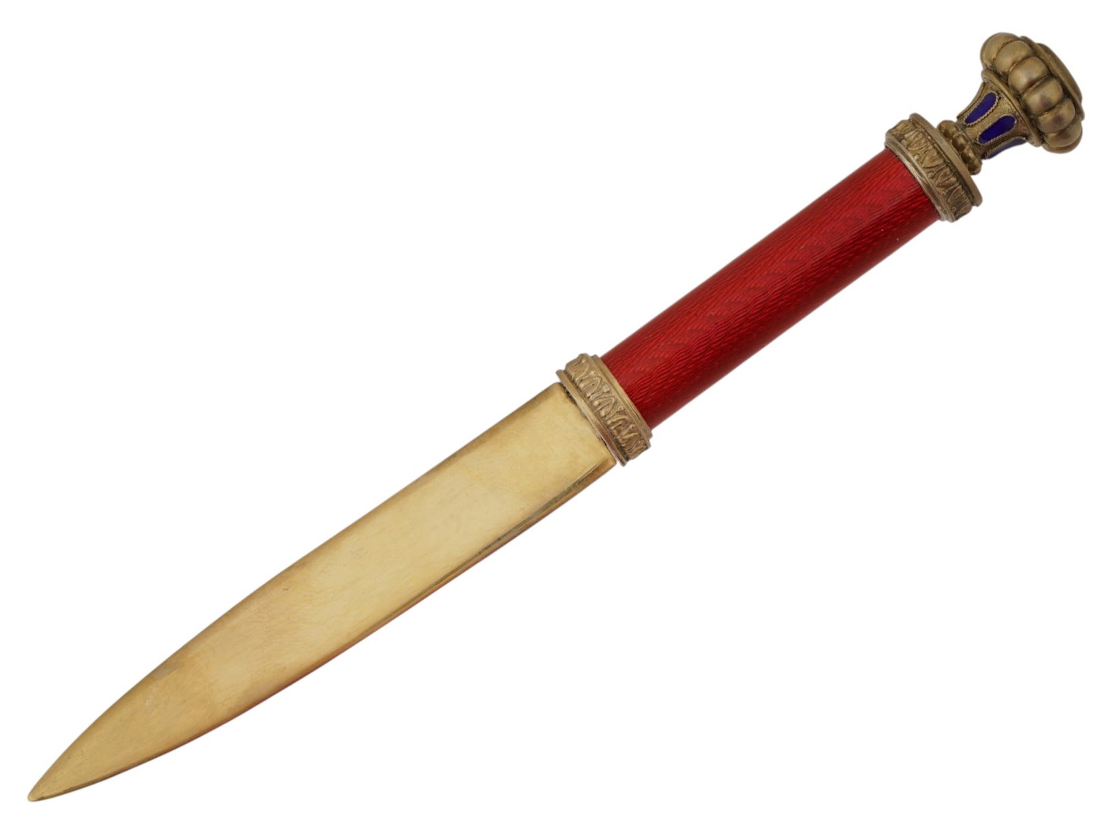 RUSSIAN SILVER AND GUILLOCHE ENAMEL LETTER OPENER: A Russian 84 gilt silver and enamel paper knife or letter opener in the style of a Roman gladius sword. The handle is decorated with red guilloche enamel. The handle is further embellished with chased