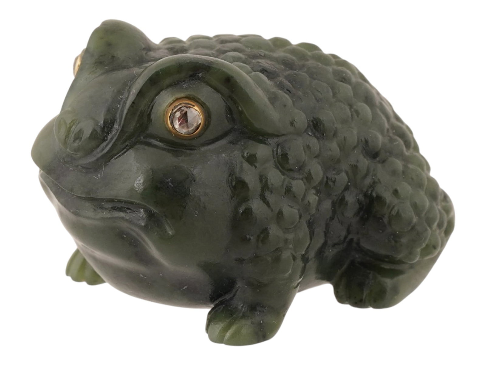RUSSIAN CARVED NEPHRITE JADE TOAD FIGURE WITH DIAMONDS: A Russian hand-carved nephrite jade figurine modeled in the form of a toad. Accented with diamond-set eyes mounted in gold settings. Russian Lapidary Craftship And Carvings For Collectors.Total weight