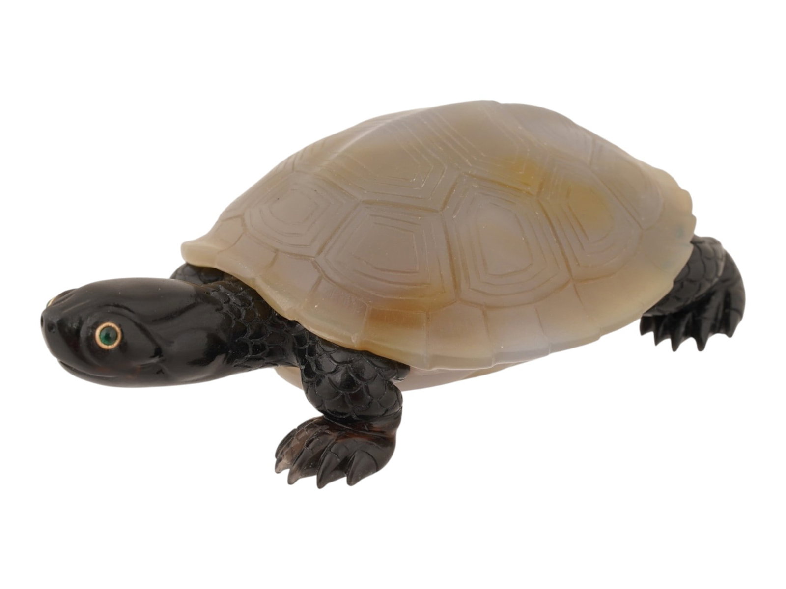 RUSSIAN CARVED AGATE DARK JADE EMERALD TURTLE FIGURINE: A Russian hardstone figurine modeled as a turtle. The shell is carved from agate with attractive natural coloration, while the body is fashioned from dark jade. The figure is accented with gold-mounte