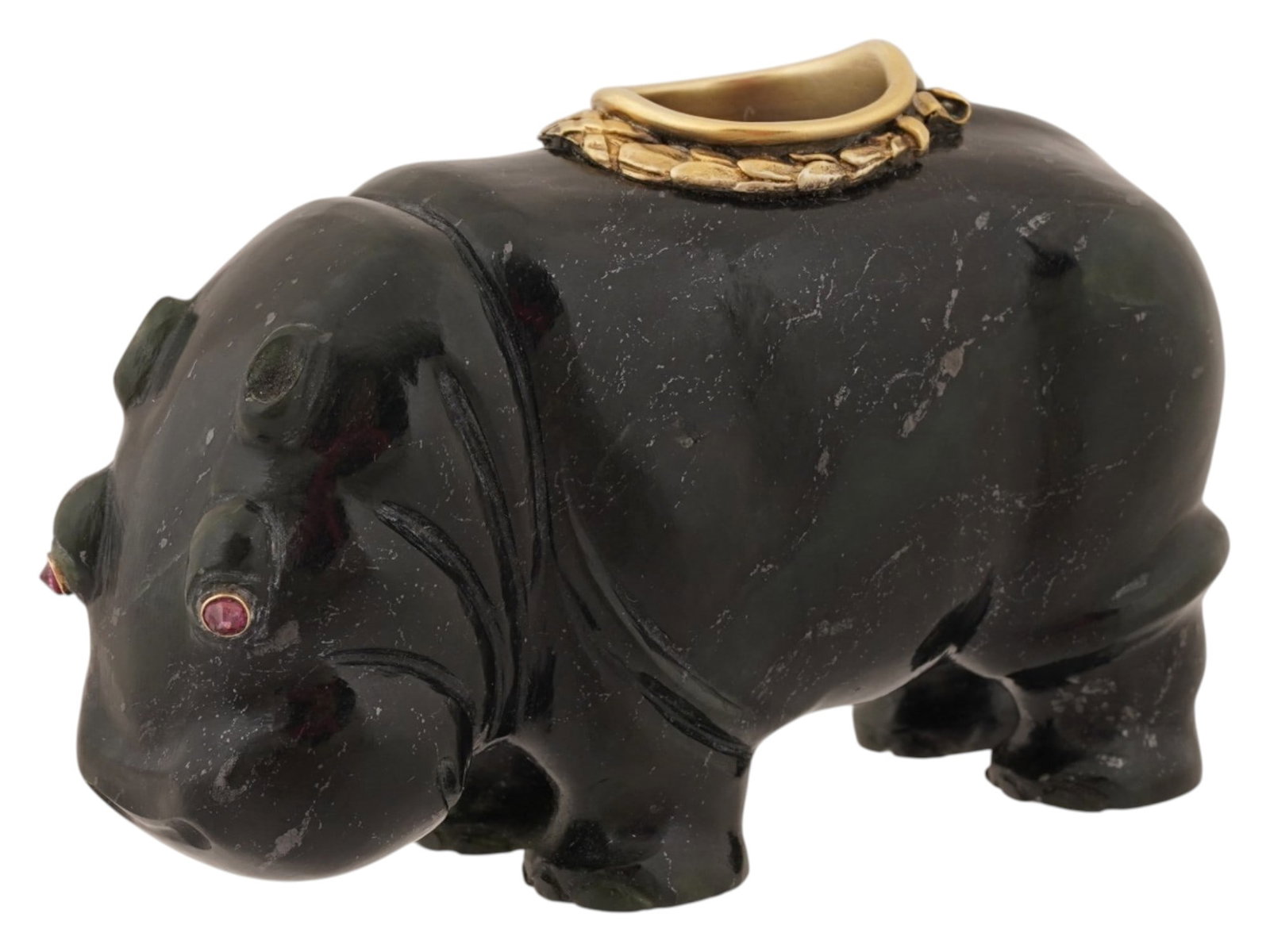RUSSIAN SILVER JADE HIPPO CANDLE HOLDER W GOLD RUBY: A Russian gilt 84 silver candle holder on top of hand-carved black nephrite jade figure modeled in the form of a hippopotamus. The eyes of the figurine are set with ruby cabochons in gold fittings. Th