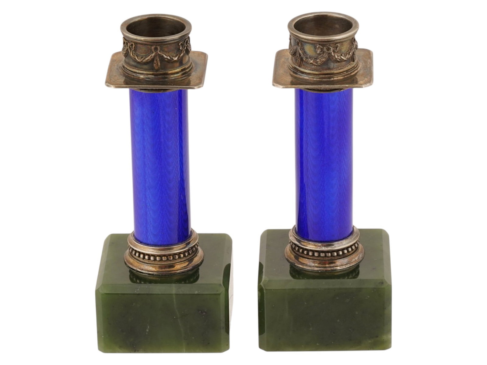RUSSIAN SILVER GUILLOCHE ENAMEL JADE CANDLESTICKS (1 of 9)