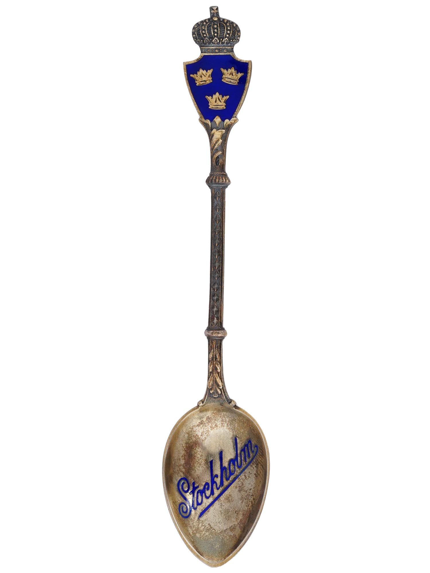 SWEDISH 925 STERLING SILVER DECORATIVE TEA SPOON: A vintage Swedish 925 Sterling Silver Decorative Tea Spoon. At the bottom of the spoon, there is a blue enamel inscription Stockholm. The handle of the spoon has a relief alternating floral decoration