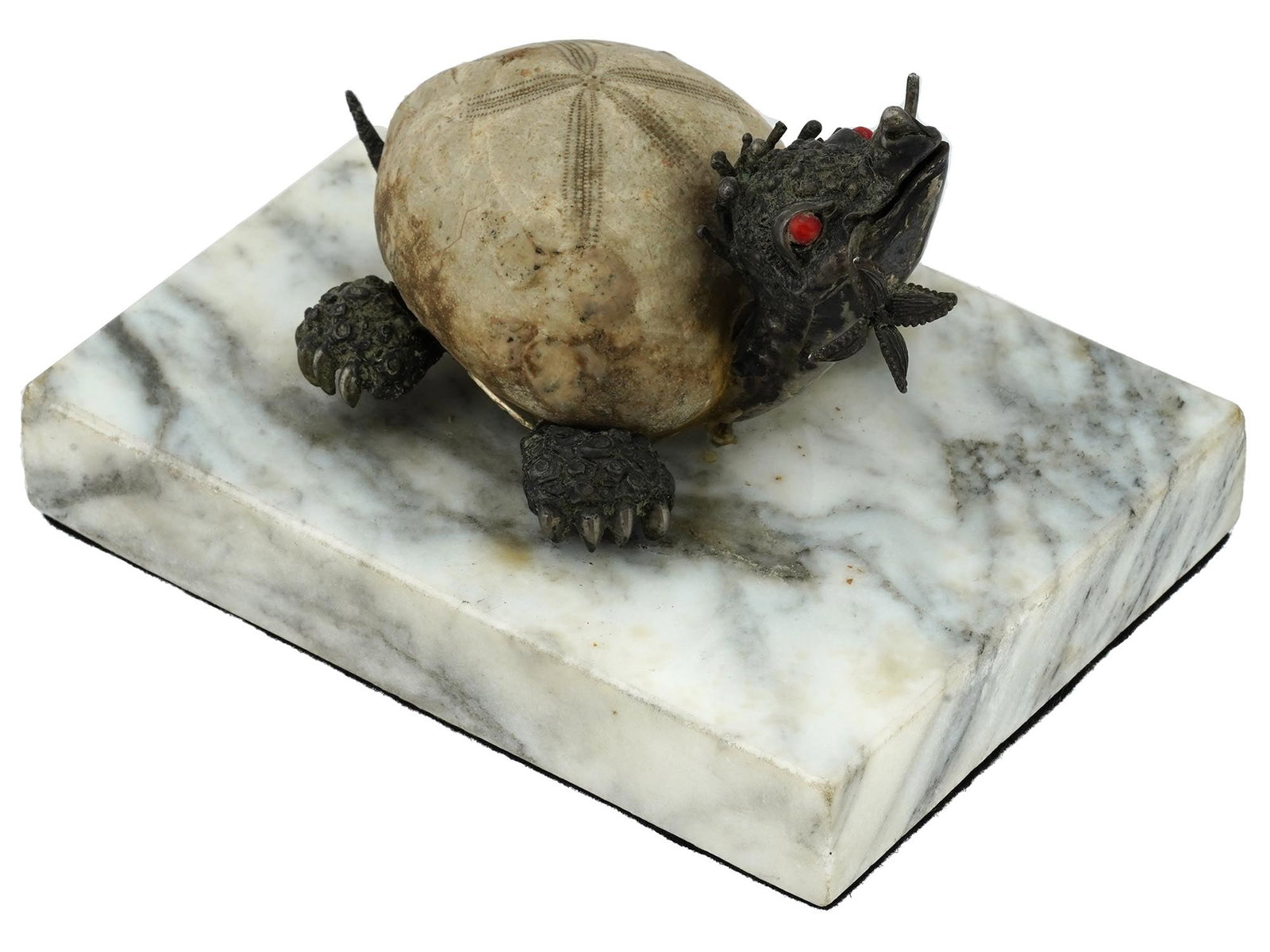SILVER GEMSTONE SCULPTURE OF TURTLE BY AURELIO TENO: Aurelio Teno, Spanish, French, 1927 to 2013, natural specimen sculpture of a baby turtle holding a leaf in a mouth. The sculpture is composed of an etched stone body, Silver metal, and encrusted with 