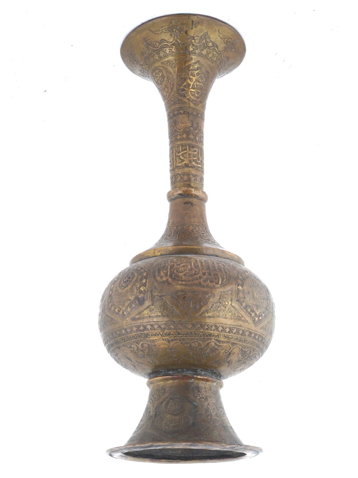 VINTAGE INDIAN ISLAMIC CHISELED BRASS VASE: A vintage Indian Islamic chiseled brass vase with traditional patterns. The vase has a high, elongated neck that widens at the top. Circa early to mid 20th century. The item is decorated on the whole 