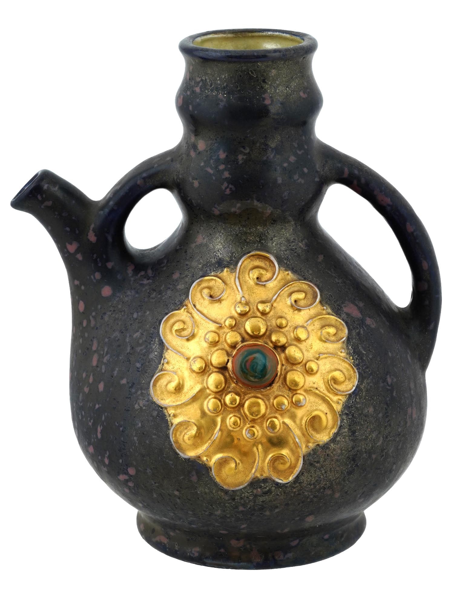 ART NOUVEAU TURN TEPLITZ AUSTRIA POTTERY PITCHER: An antique Turn-Teplitz gourd shaped pottery pitcher with small spout and two handles, Austria, 1903 to 1918. Decorated on the front side with a relief medallion adorned with gilding and set with mult