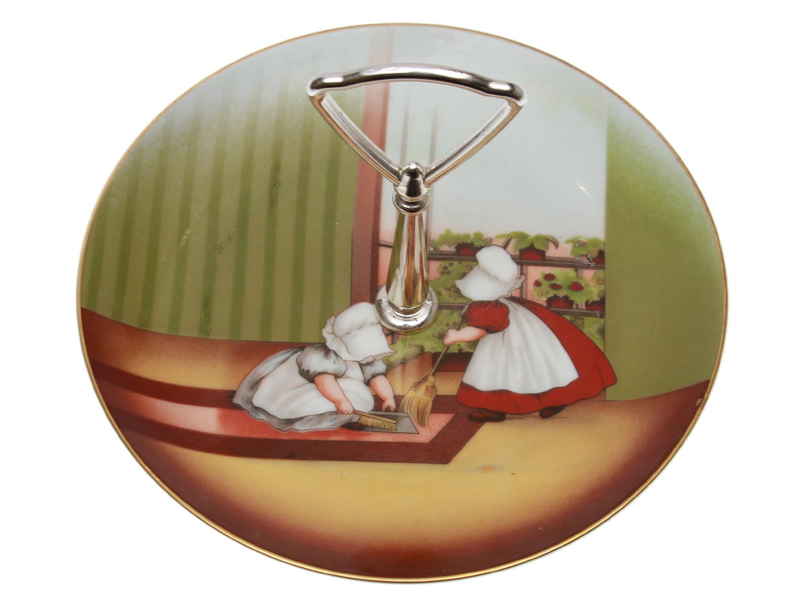 A ROYAL BAYREUTH SUNBONNET BABIES FRIDAY PLATE: A gorgeous vintage Royal Bayreuth Bavarian Sun-Bonnet Babies Porcelain Plate, Candy Dish with Handle. Friday Sweeping is the first item in seven plates Sunbonnet Babies Weekday Series about babies - M