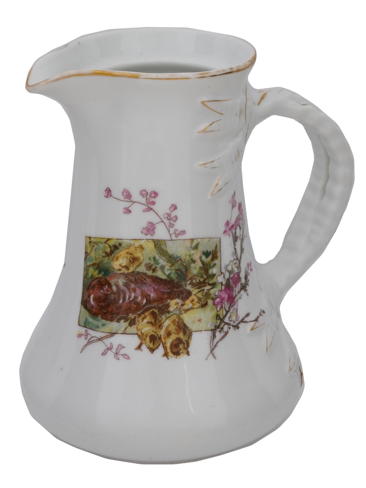 ANTIQUE RUSSIAN IMPERIAL KORNILOV PORCELAIN PITCHER: An antique Russian Imperial white porcelain pitcher with a curved handle and a flared spout displays a pastoral scene featuring a hen and her chicks with flying ducks on the other side, framed by flor