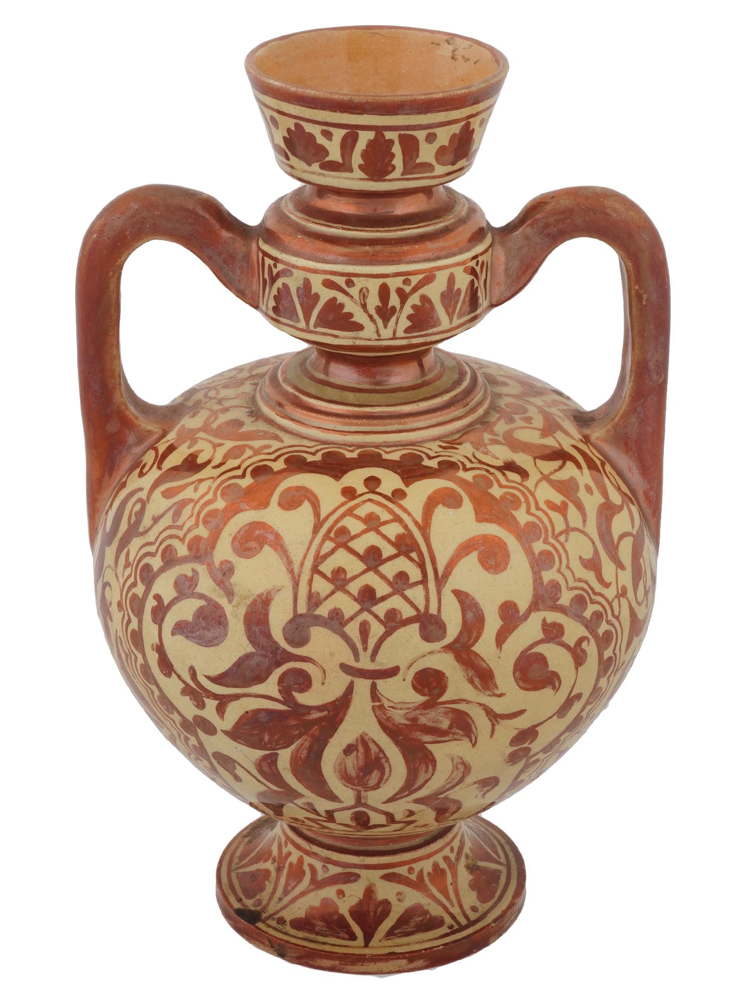 VINTAGE ITALIAN RAISED CERAMIC VASE W TWO HANDLES: A vintage Italian raised ceramic vase with two handles. The vase has a spherical body and an intricate stepped neck, decorated over the entire surface with a monochrome folk floral and foliate pattern