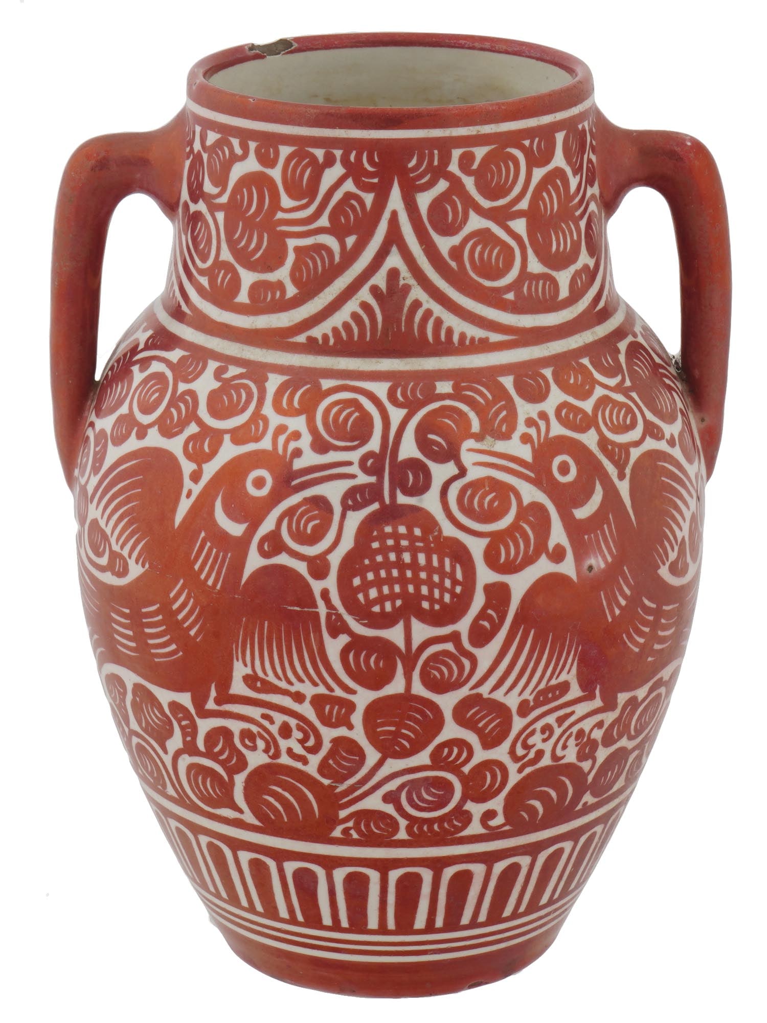 VINTAGE ITALIAN HAND PAINTED CERAMIC HANDLED VASE: A vintage Italian hand painted ceramic vase with two handles. The wide vase is hand painted all over with a monochrome pattern of brown and white folk motifs of birds and flowers. The item can be used