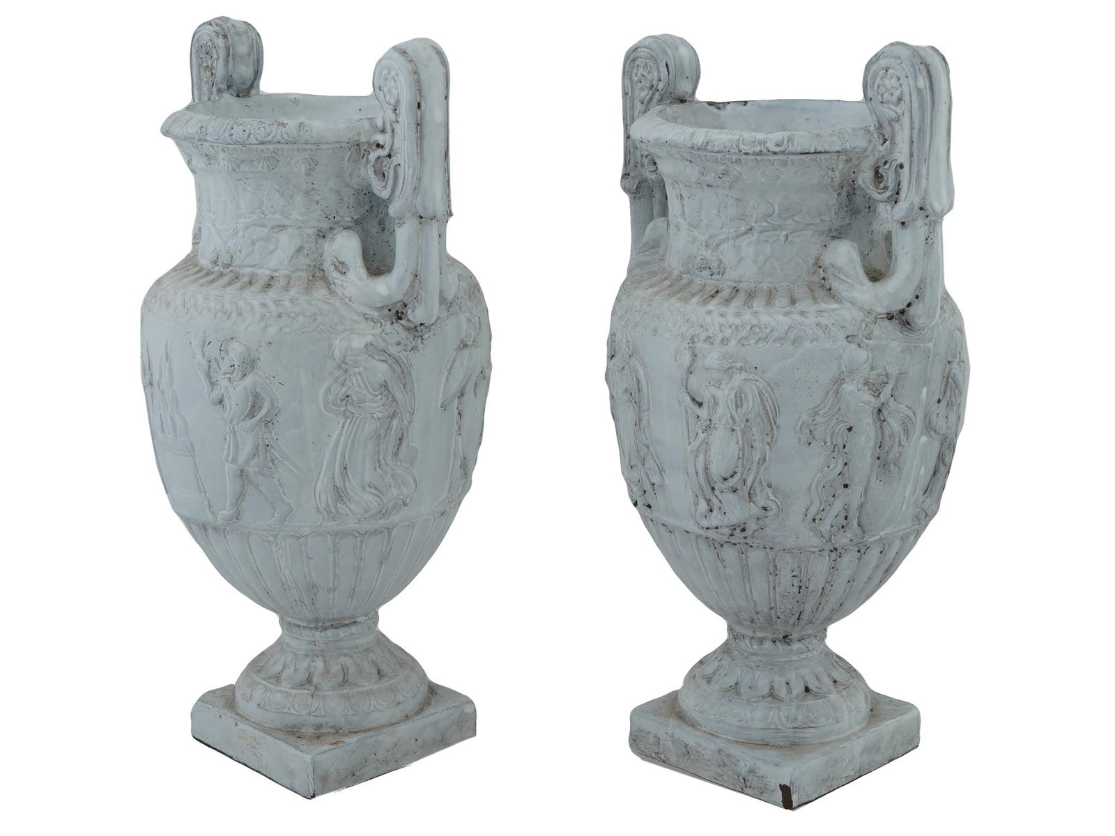 PAIR OF ITALIAN ABIGAILS NEOCLASSICAL PORCELAIN VASES: A pair of Italian Abigails glazed porcelain vases. Each vase is crafted from porcelain, showcasing a light blue finish. The vases have a traditional urn shape, characterized by a wide body that gently