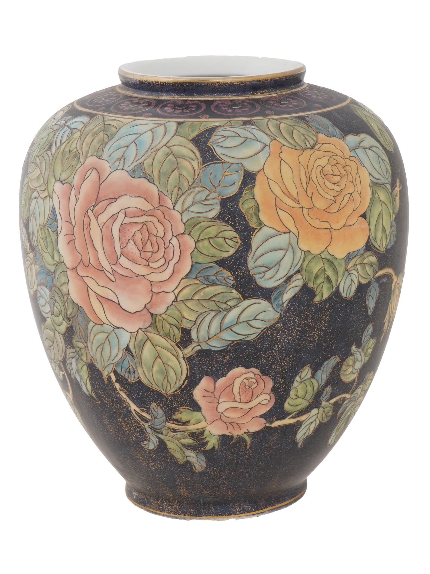 VINTAGE CHINESE PORCELAIN VASE W FLORAL DESIGN: A vintage Chinese porcelain vase. It showcases a dark, mottled black background adorned with intricately painted roses in shades of pink and peach, accented by blue, green and gold tinged leaves. The 