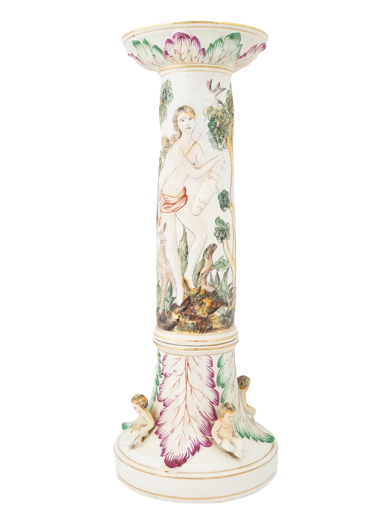 ITALIAN CAPODIMONTE HAND PAINTED PORCELAIN STAND: An Italian Capodimonte hand painted porcelain stand. The stand has a column shape and decorated with a hand painted Neoclassical genre scene representing a semi nude woman surrounded by cherubs in a l