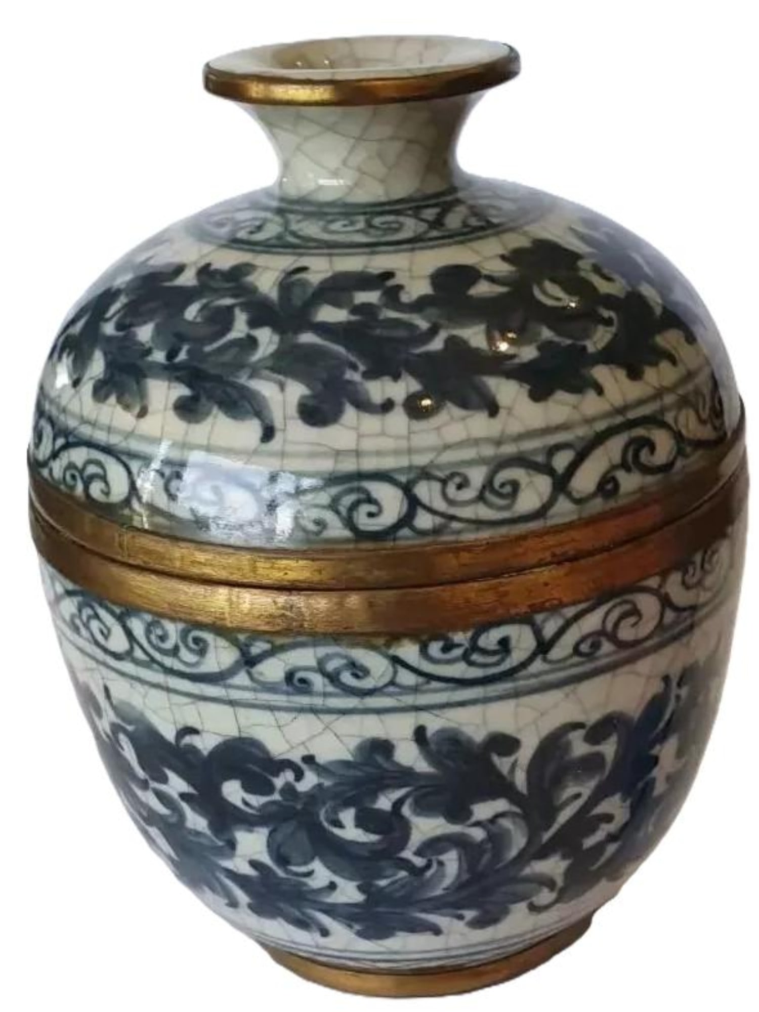 ANTIQUE BRASS BOUND LIDDED JAR, CRACKLE GLAZED, MARKED: A Chinese Blue-and-White Crackle-Glazed Lidded Jar with Gilt Brass Bands, MarkedA finely decorated blue-and-white porcelain lidded jar featuring a classic crackle-glazed ground and bold hand-painted f