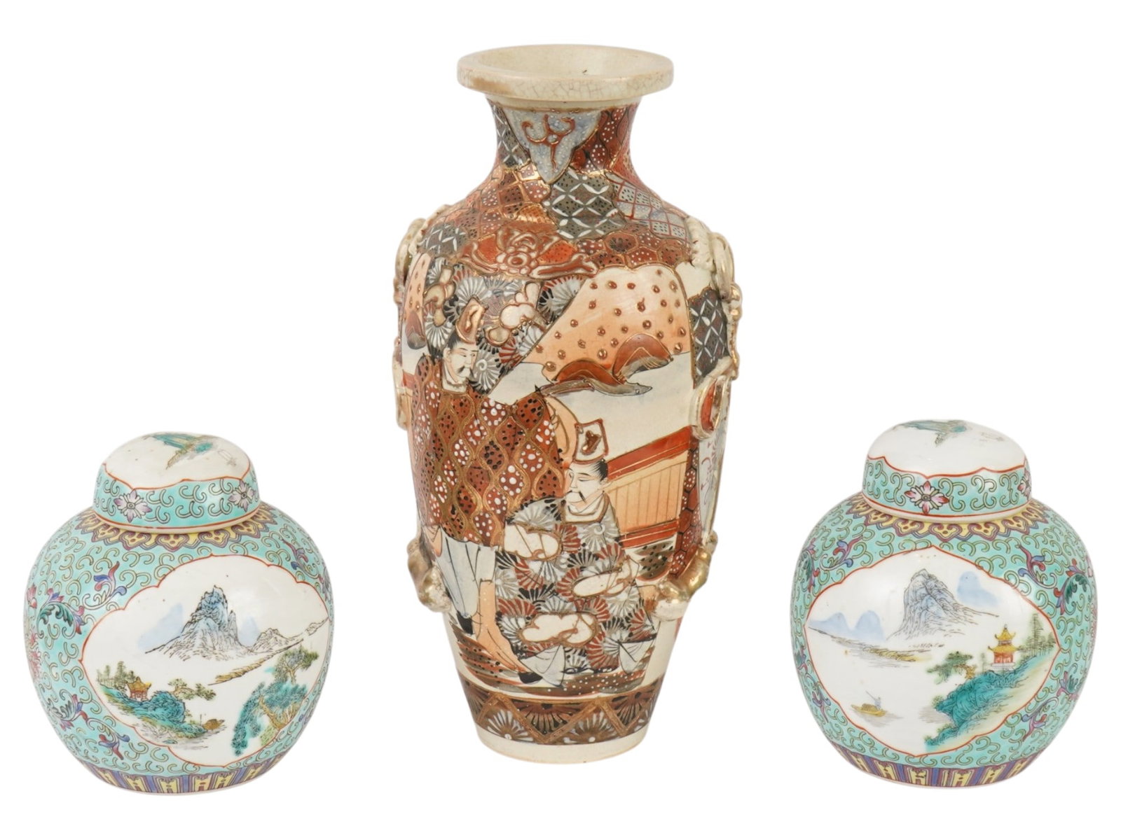 VINTAGE CHINESE PORCELAIN VASE AND GINGER JARS: A lot of three vintage Chinese porcelain ware. A Satsuma-style vase with relief decor, hand-painted ornaments and multi-figure scenes, signed on the bottom. A pair of matching lidded ginger jars, turq