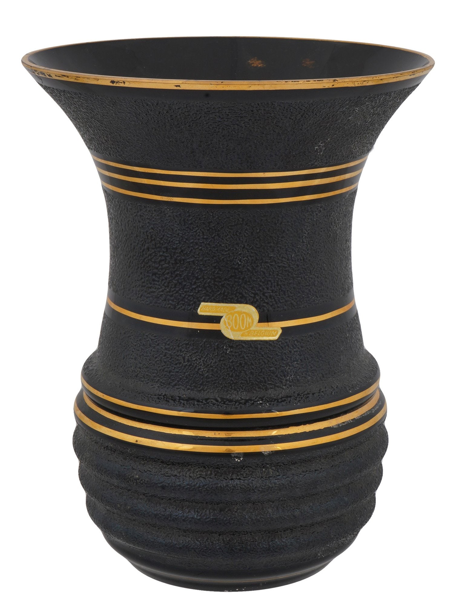 ART DECO MANNER BELGIAN HAND MADE BLACK GLASS VASE: A vintage Art Deco manner Belgian hand made black glass vase. The vase is adorned with a fluted neck and a ribbed base, decorated with gilded accents. Marked with an original label plate, Boom Hand Ma