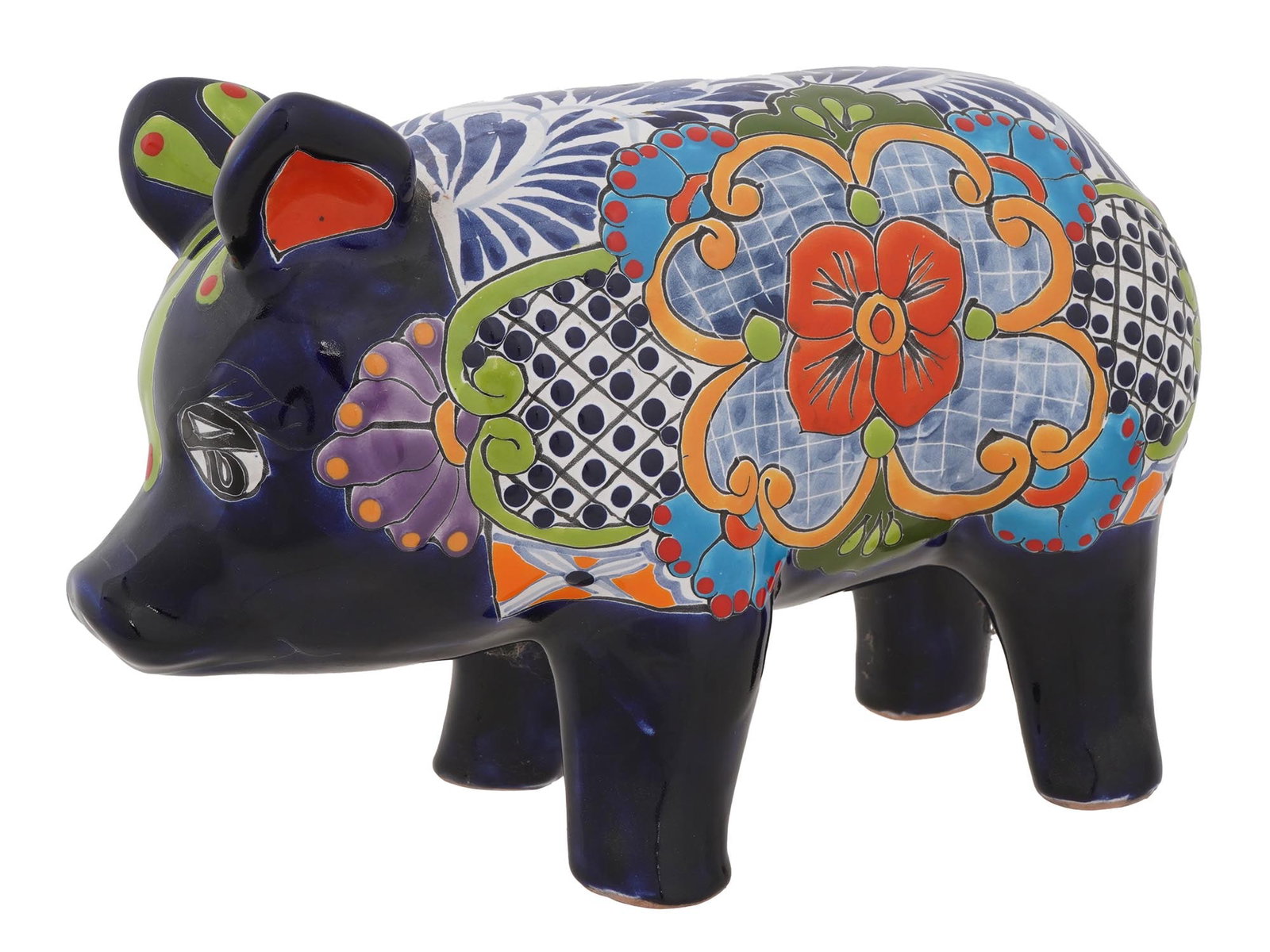 VINTAGE TALAVERA MEXICAN POTTERY CLAY PIG FIGURE: A vintage Talavera pottery clay pig figure from Mexico, hand-painted in vibrant colors with traditional decorative motifs. The whimsical form and lively palette showcase the charm of Mexican folk arti