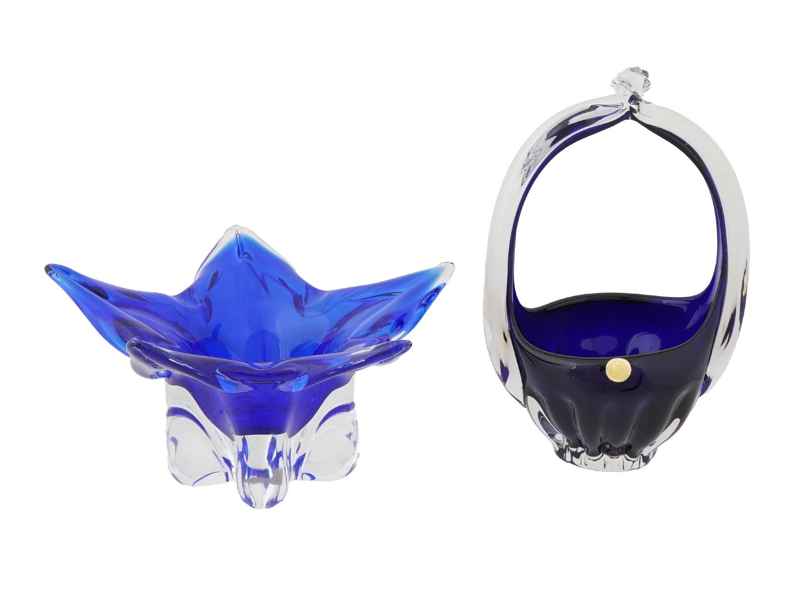 VTG BOHO GLASS BOWL AND MURANO SOMMERSO GLASS BASKET: Two vintage art glass pieces. The first, a Boho-style glass art bowl designed by Josef Hospodka, Czechoslovakia, mid-20th century. Shaped like a calyx, this sculptural bowl features deep ink blue glas